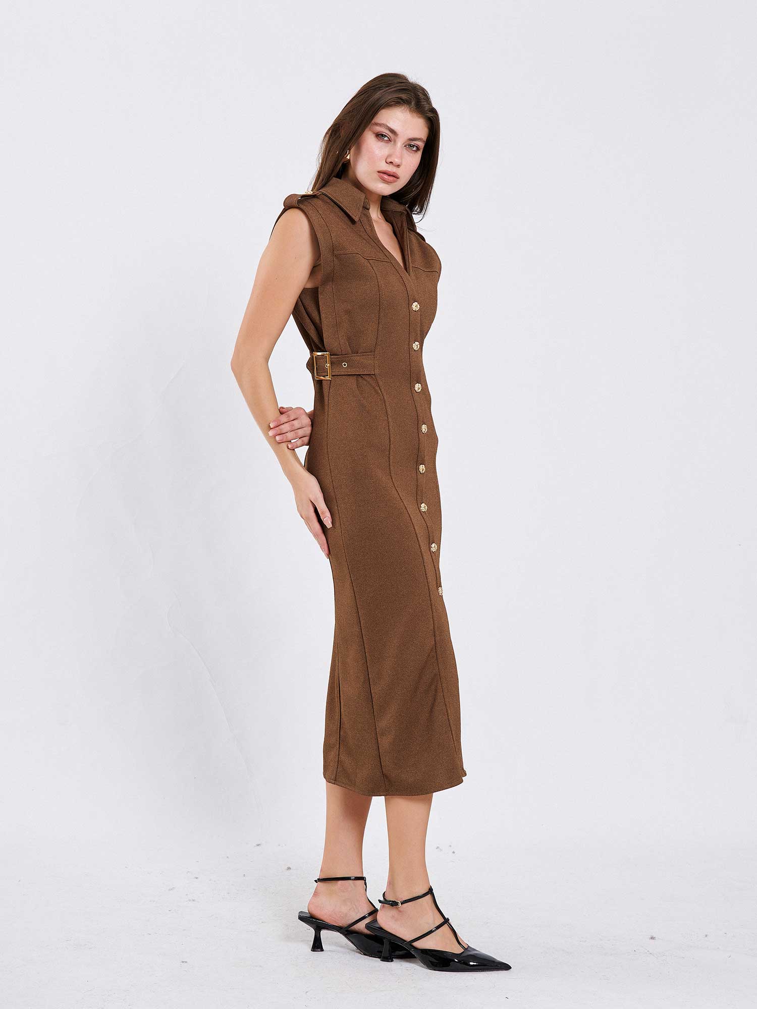 111636 Omzu Apoletli Örme Elbise