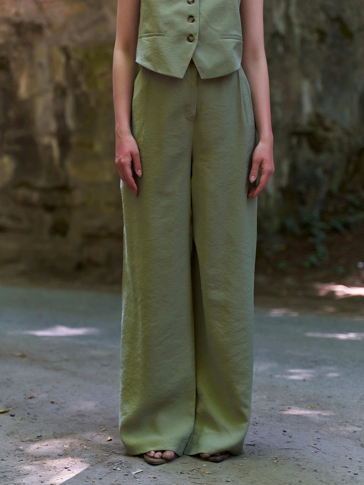 031422 KEMİK DÜĞMELİ TENSEL PALAZZO PANTOLON