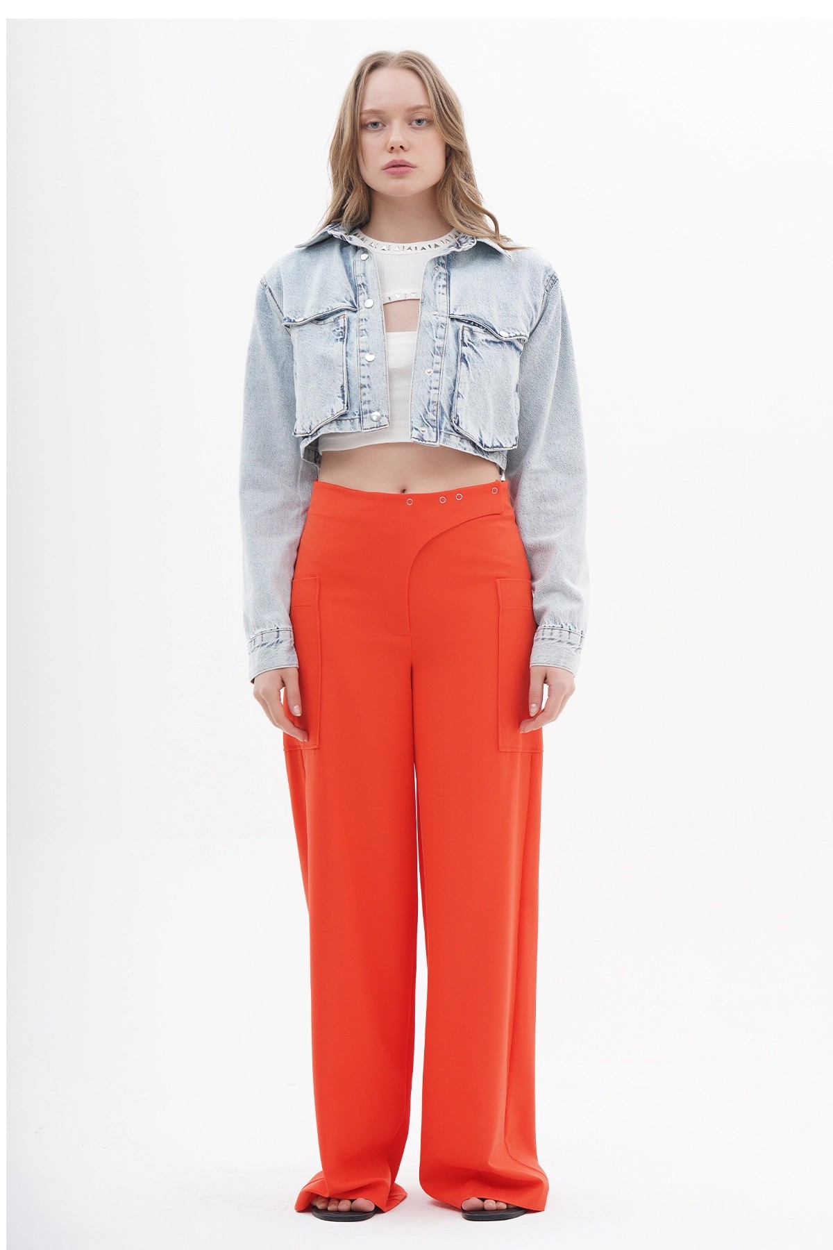 031139 Full Length Wıde Leg Pants Wıth Baby Press Button And Asymmetrıcal Closıng