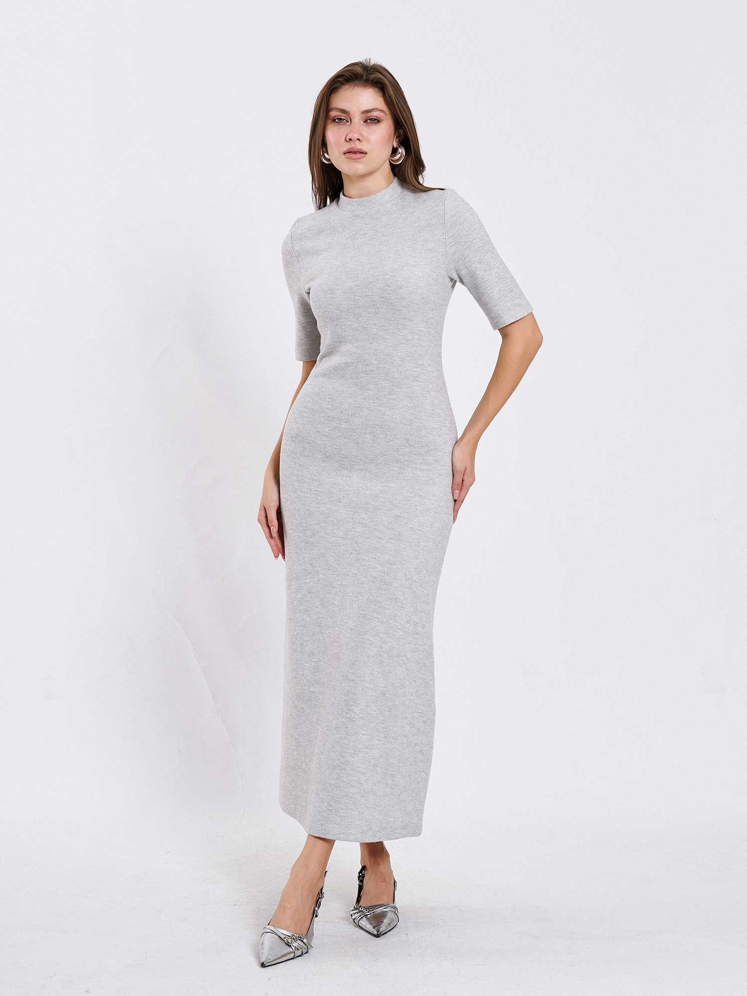 111629 Uzun Kısa Kollu Örme Elbise