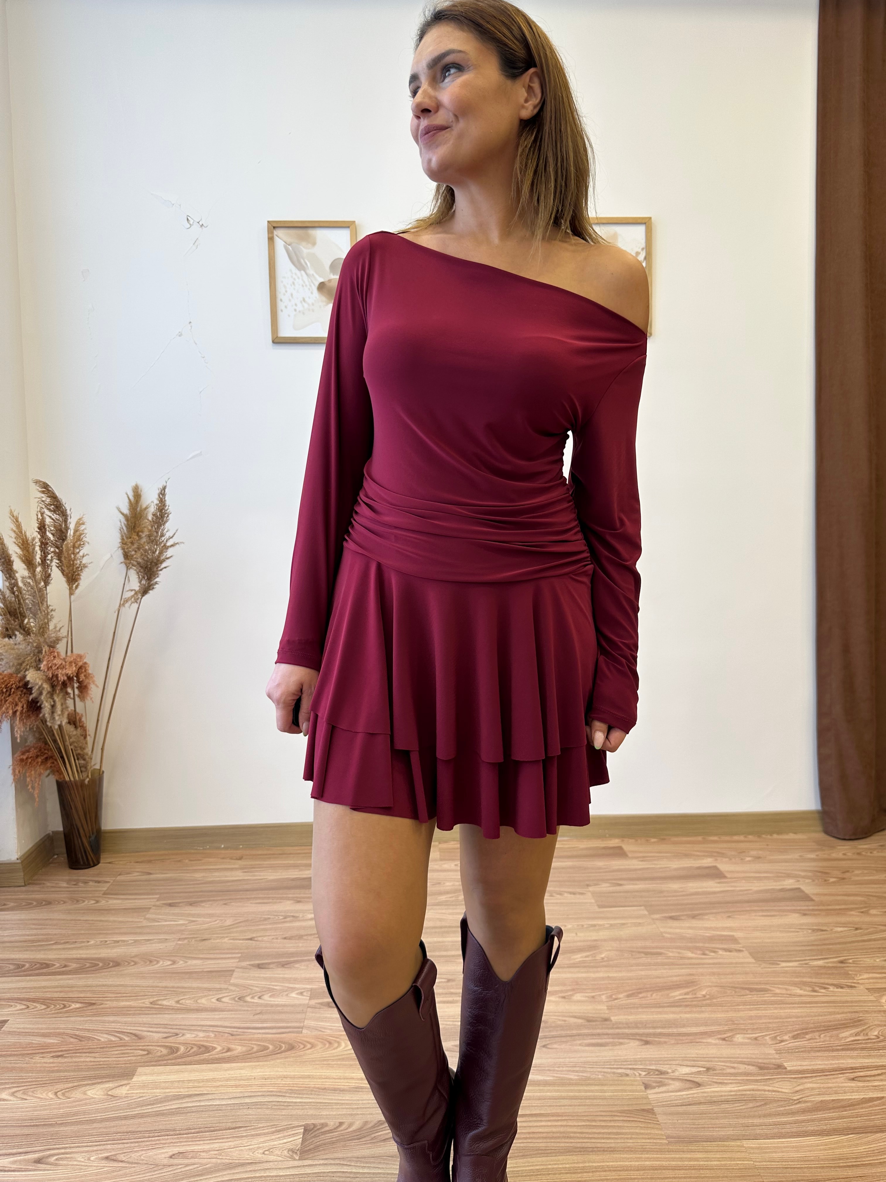 Bordo Drapeli Sandy Mini Elbise