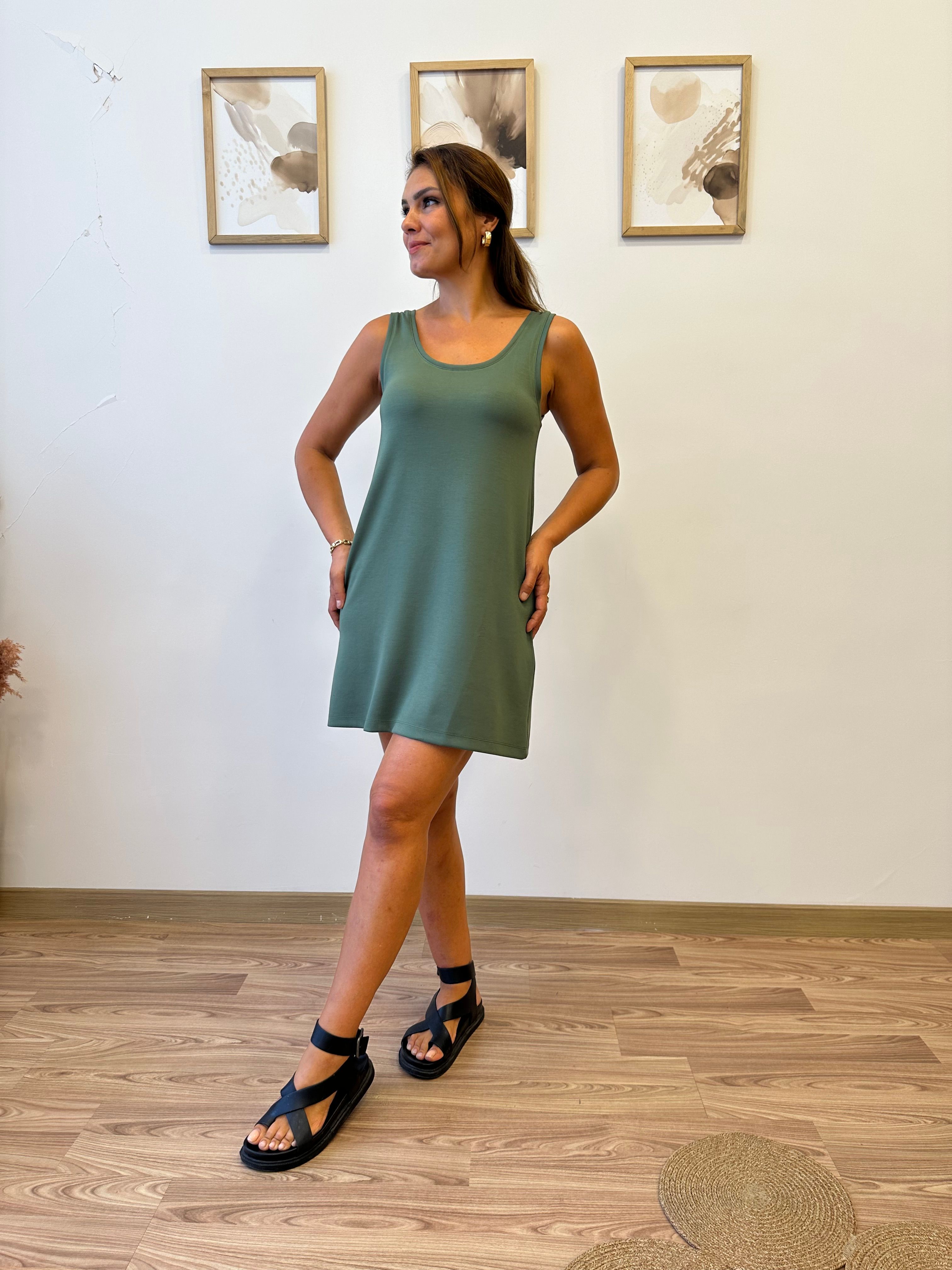 Askılı Modal Tshirt Elbise - haki