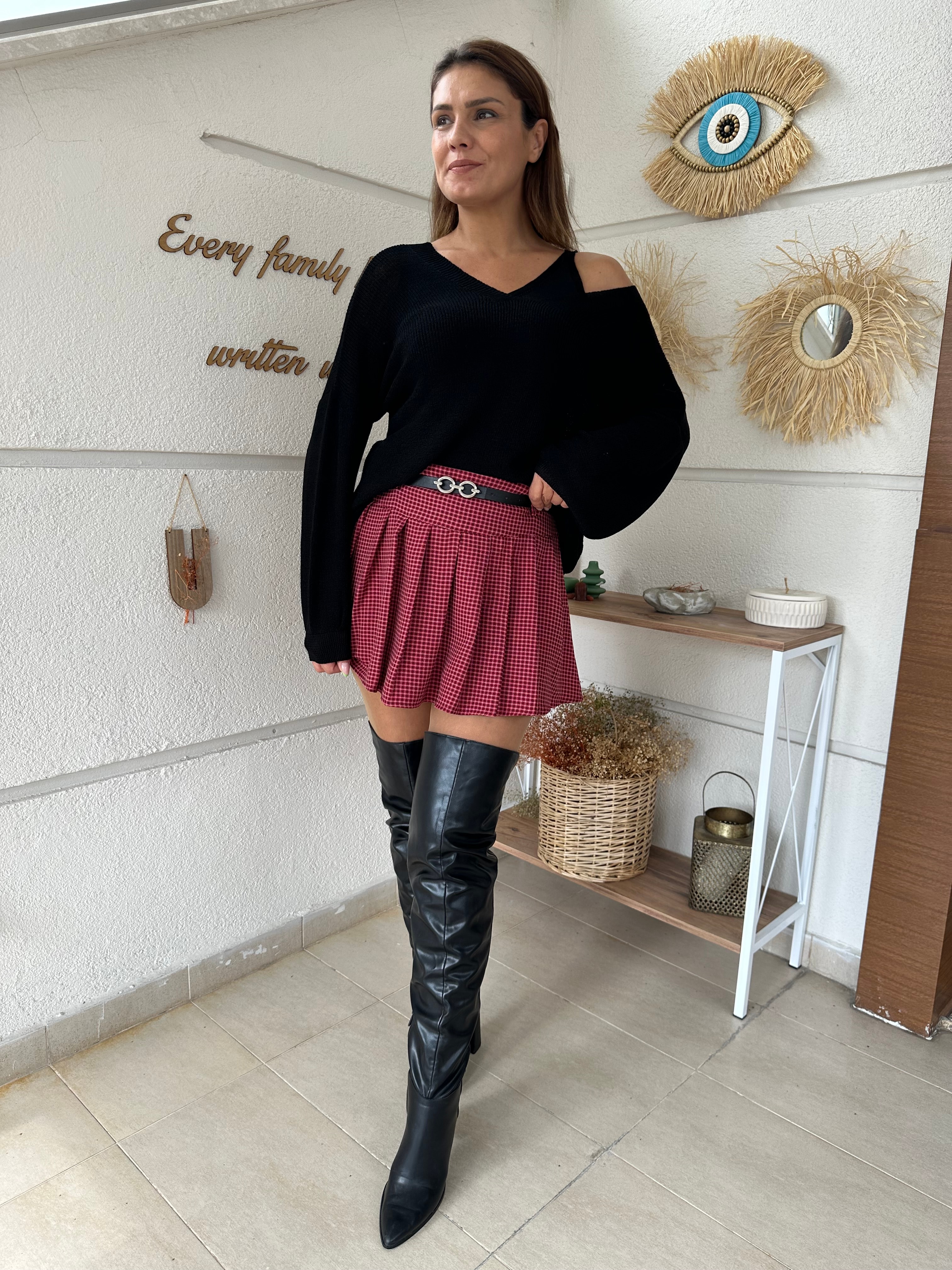 Kareli Pile Ve Kemerli Mini Etek - bordo