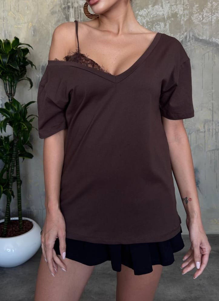 Dantel Detaylı V yaka Tshirt - kahverengi