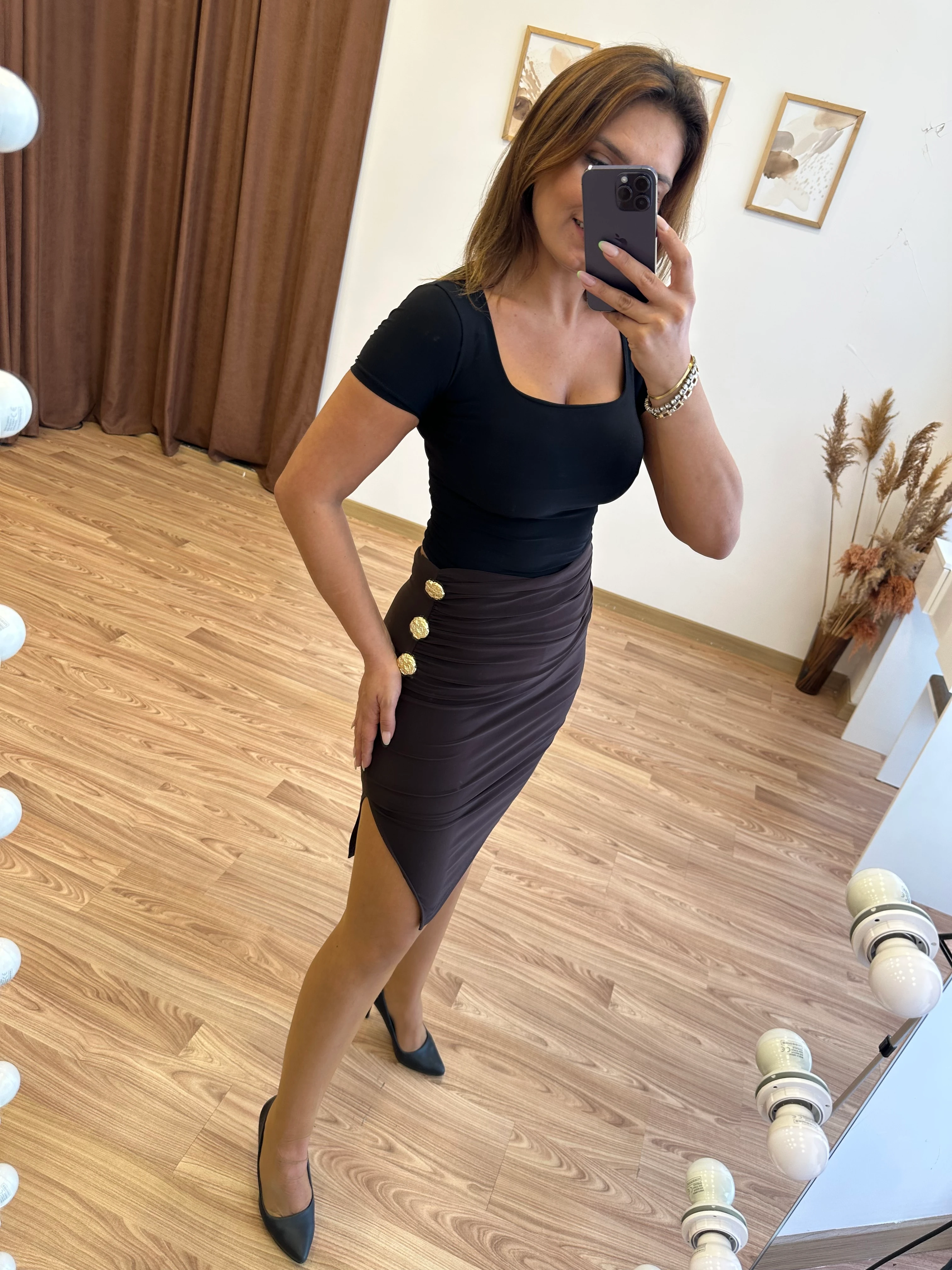 Düğme Aksesuarlı Drapeli Sandy Etek