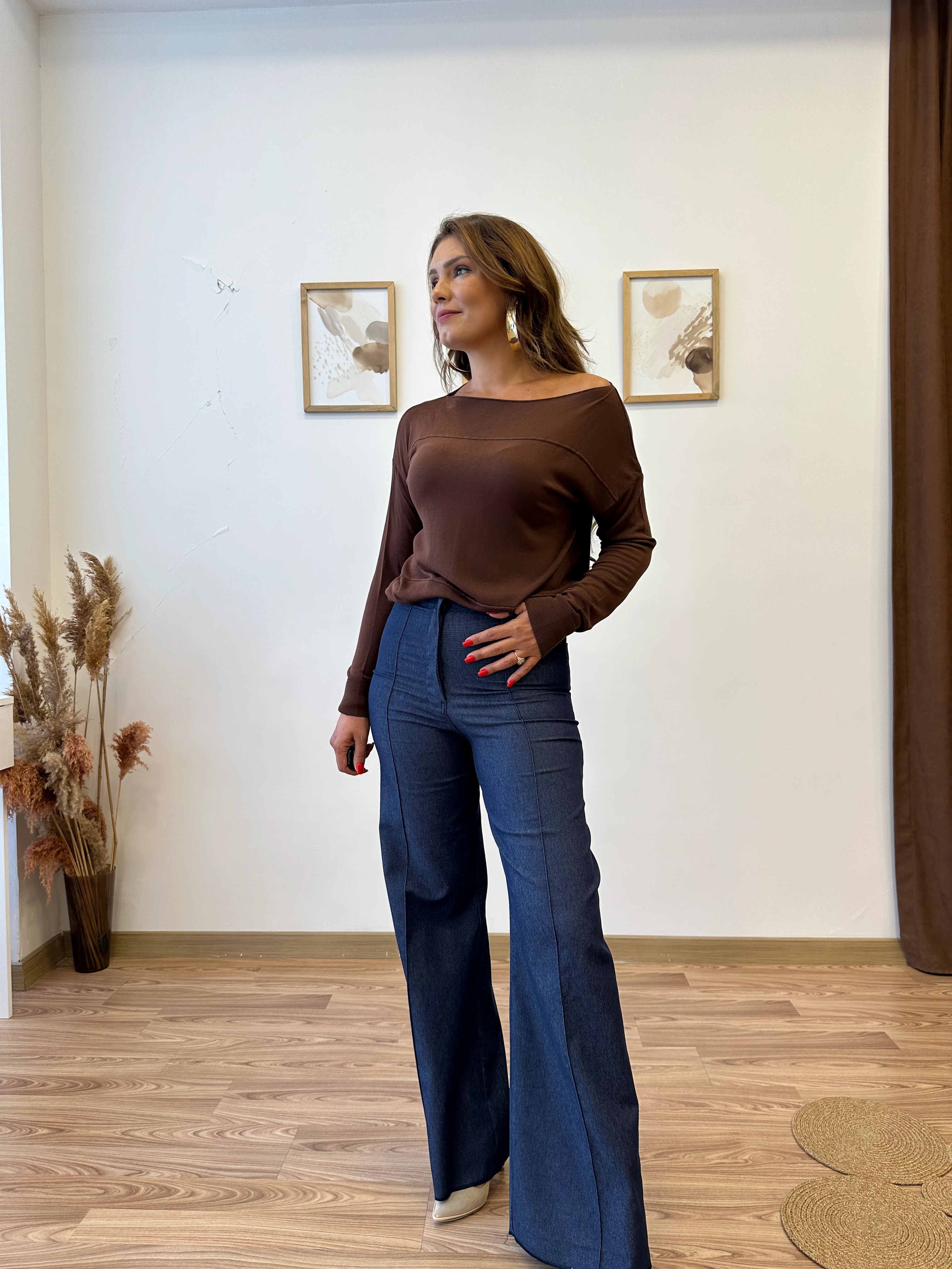 Düşük Omuz İnce Triko Bluz