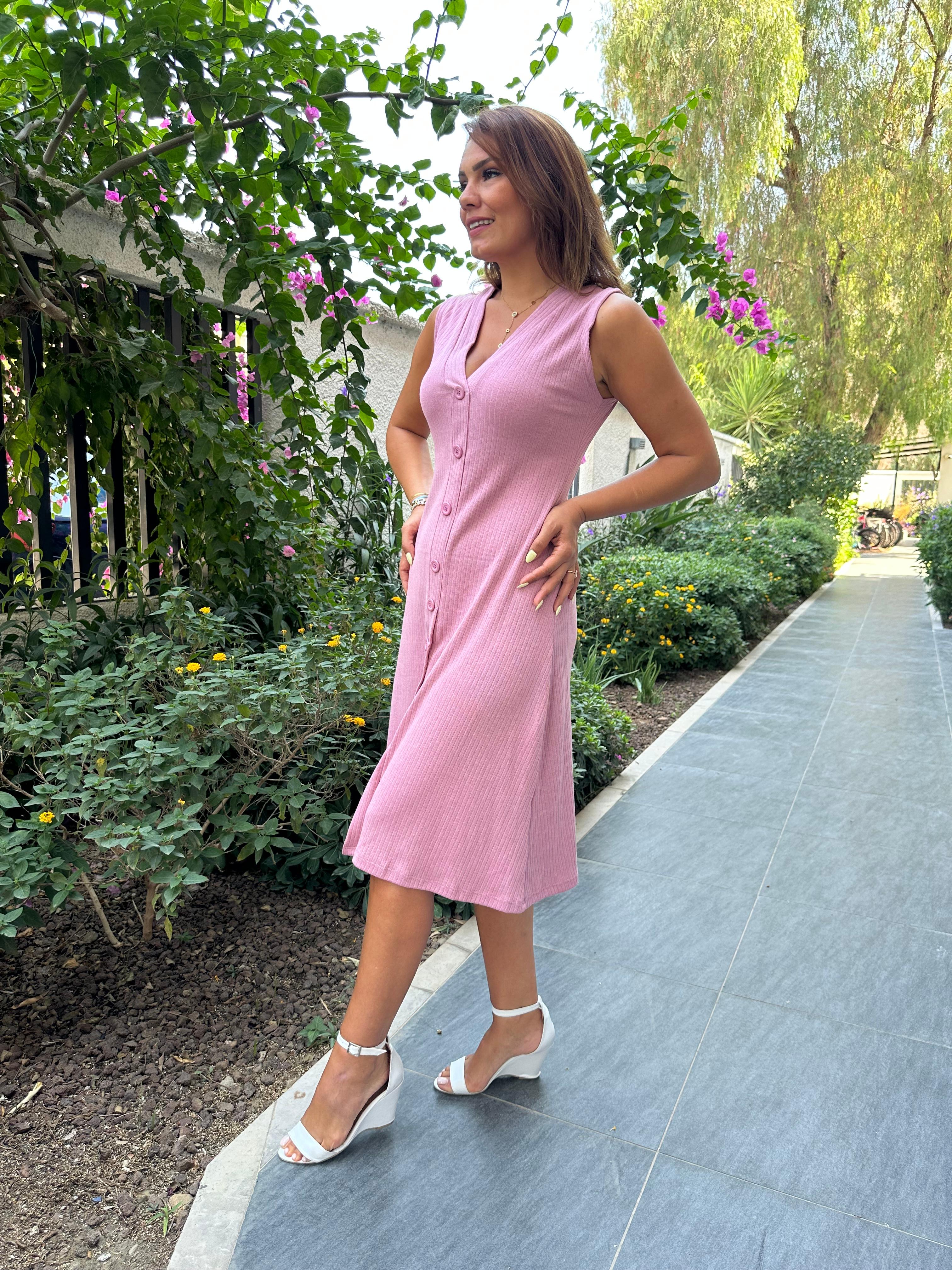 V Yaka Önden Düğmeli Kaşkorse Elbise - pembe