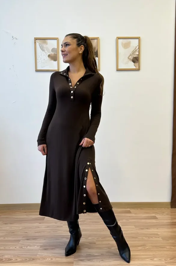 Çıt Çıt Detaylı Uzun Triko Elbise, Kahverengi