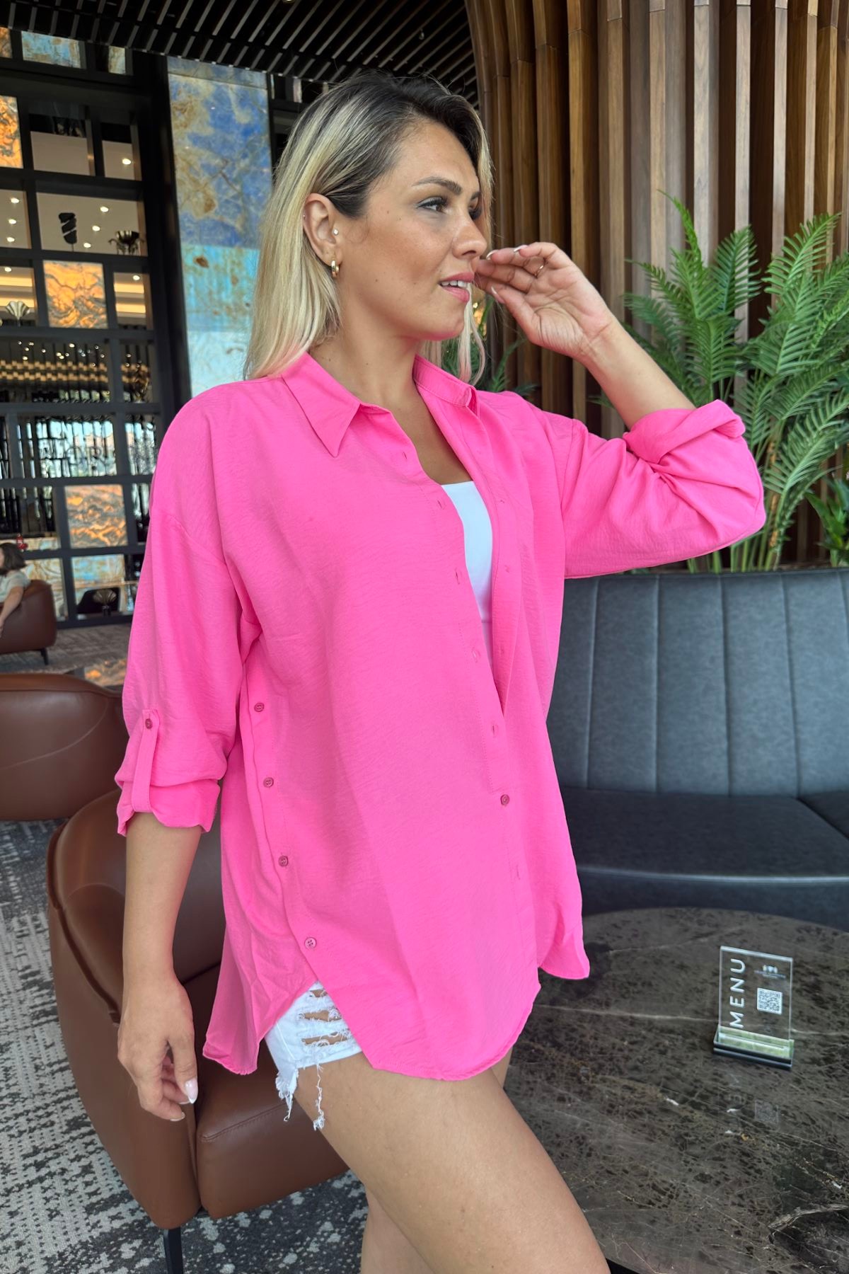 Yan Düğme Detaylı Ayrobin Gömlek - Pembe