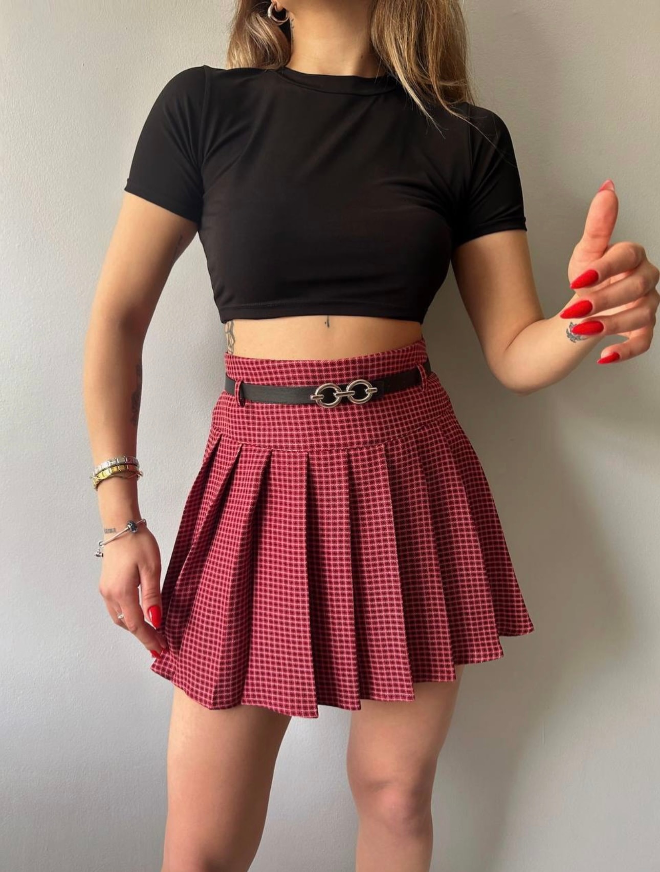 Kareli Pile Ve Kemerli Mini Etek - bordo