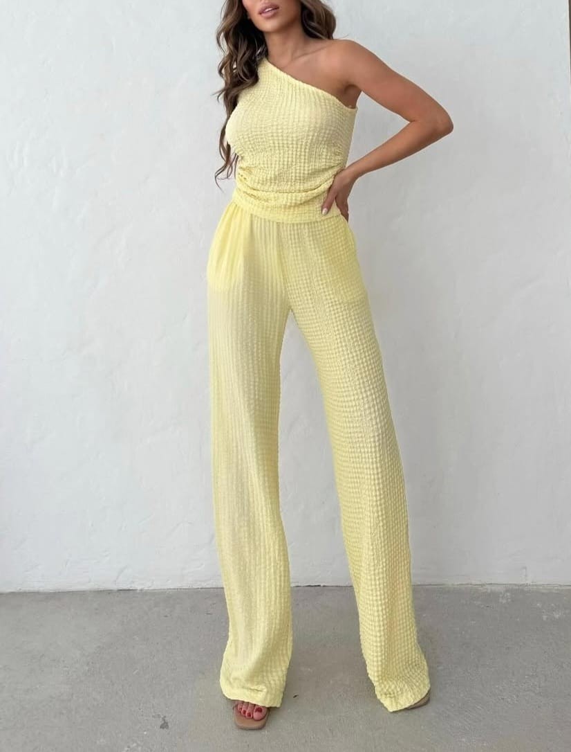 Bubble Kumaş Tek Omuz Bluz Pantolon Takım - sarı