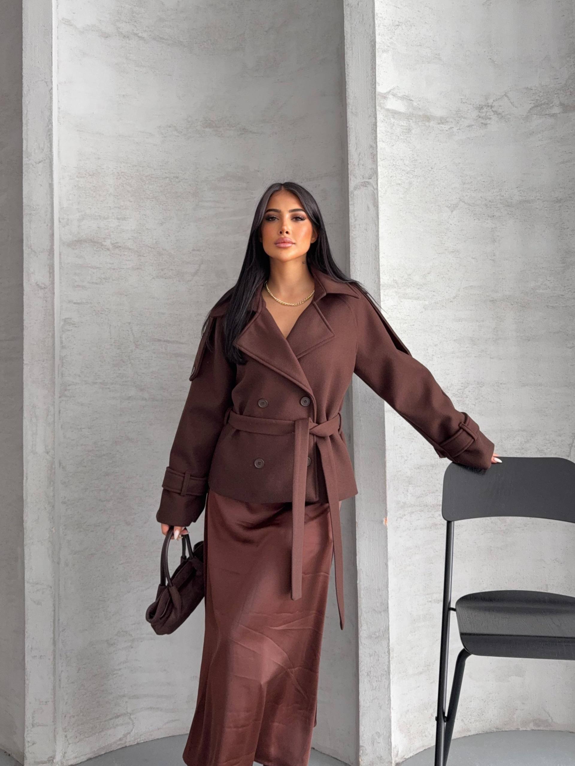 Kuşaklı Kısa Kaşe Kaban - kahverengi