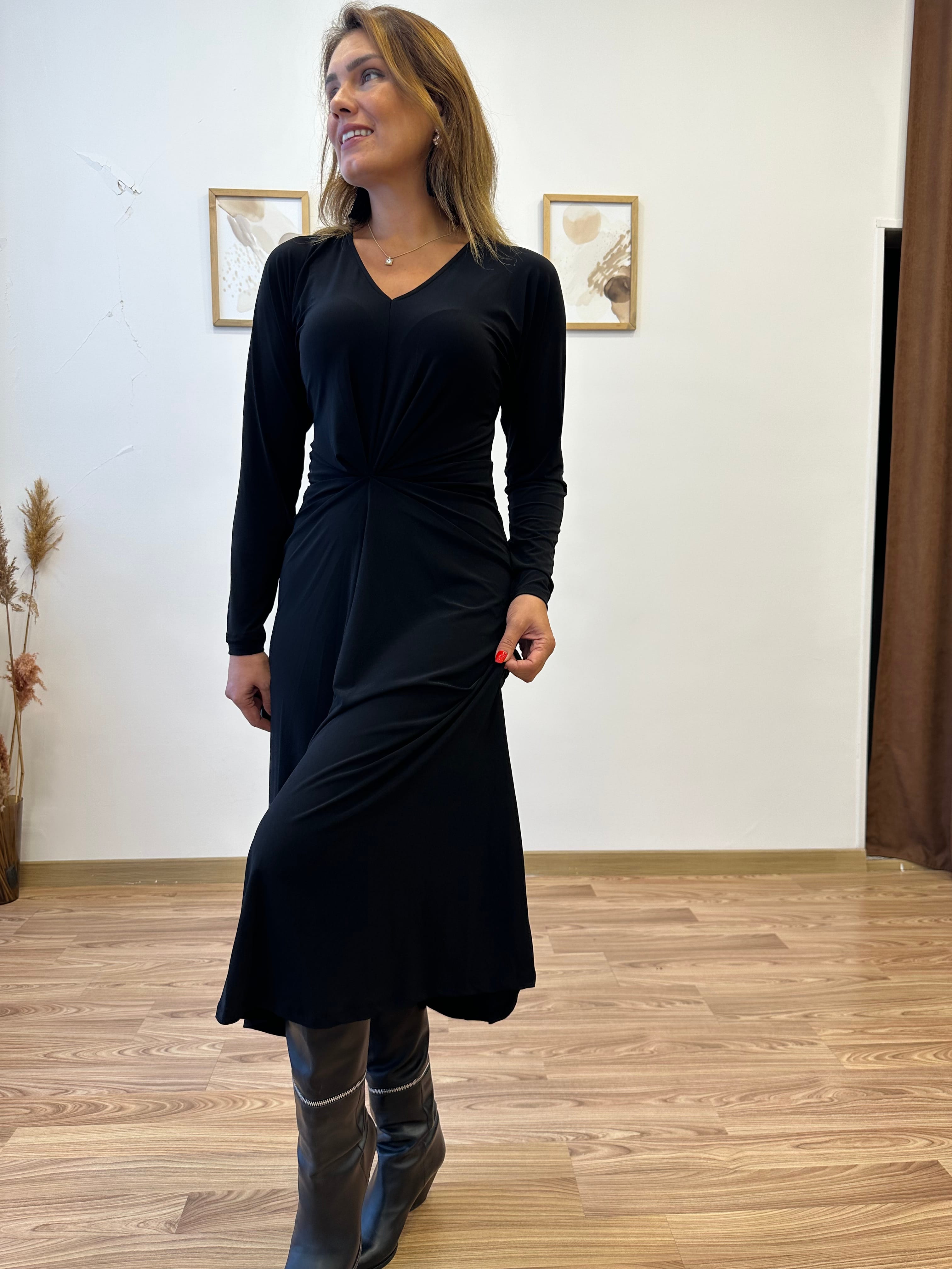 V Yaka Ön Büzgülü Uzun Elbise