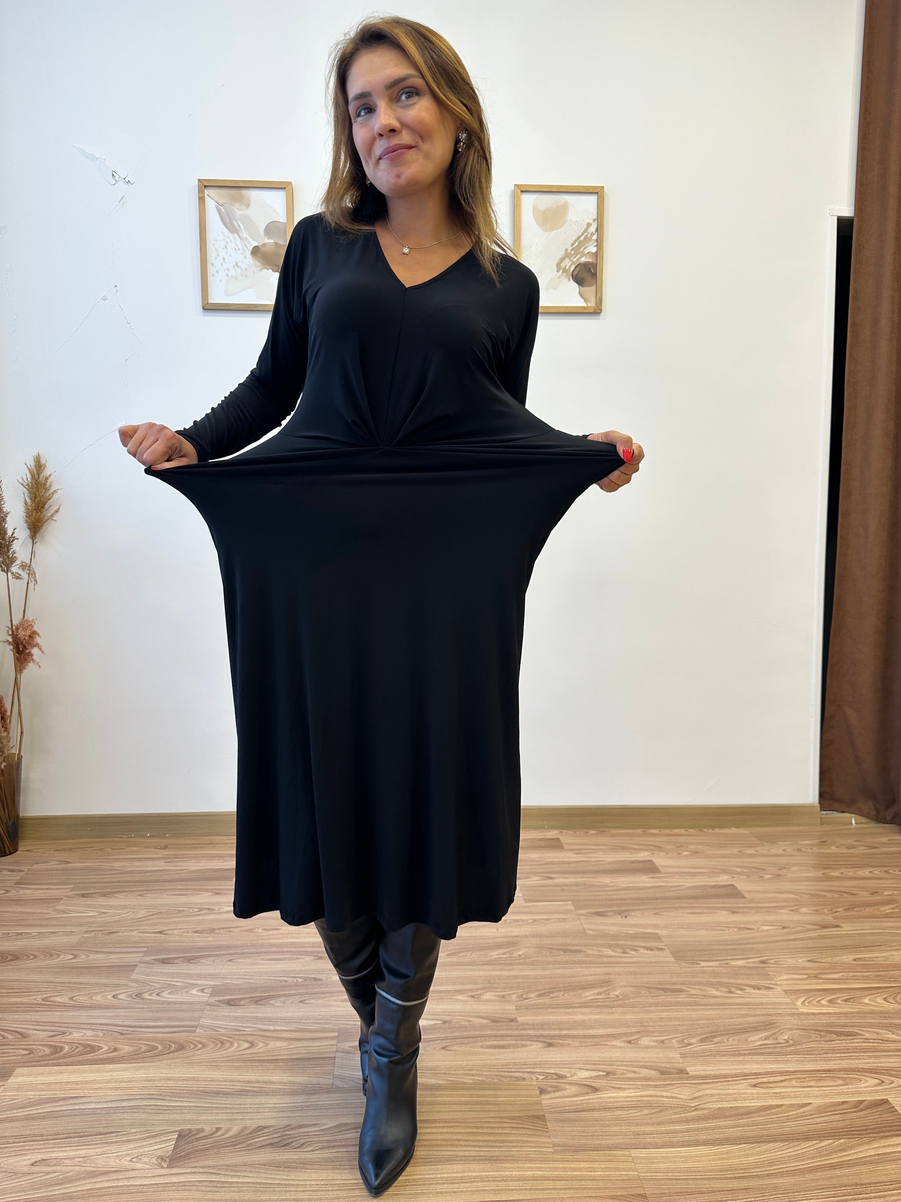 V Yaka Ön Büzgülü Uzun Elbise
