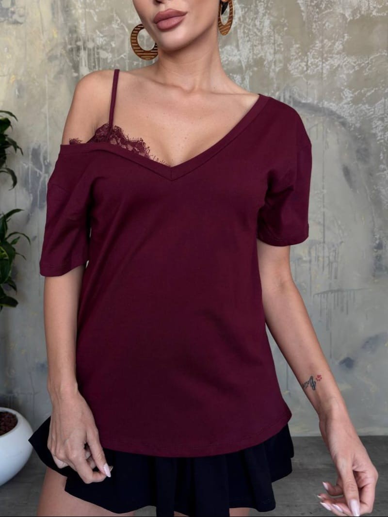 Dantel Detaylı V yaka Tshirt - bordo