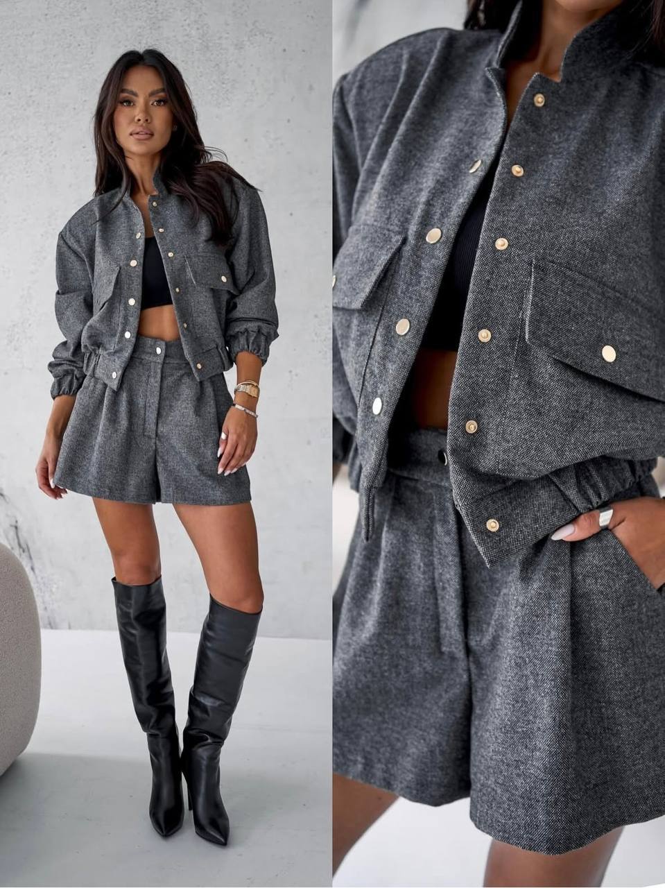 Kaşe Kumaş Bomber Ceket Şort Takım