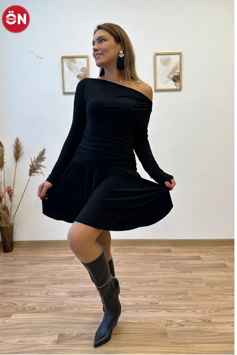 Drapeli Sandy Mini Elbise- Siyah 