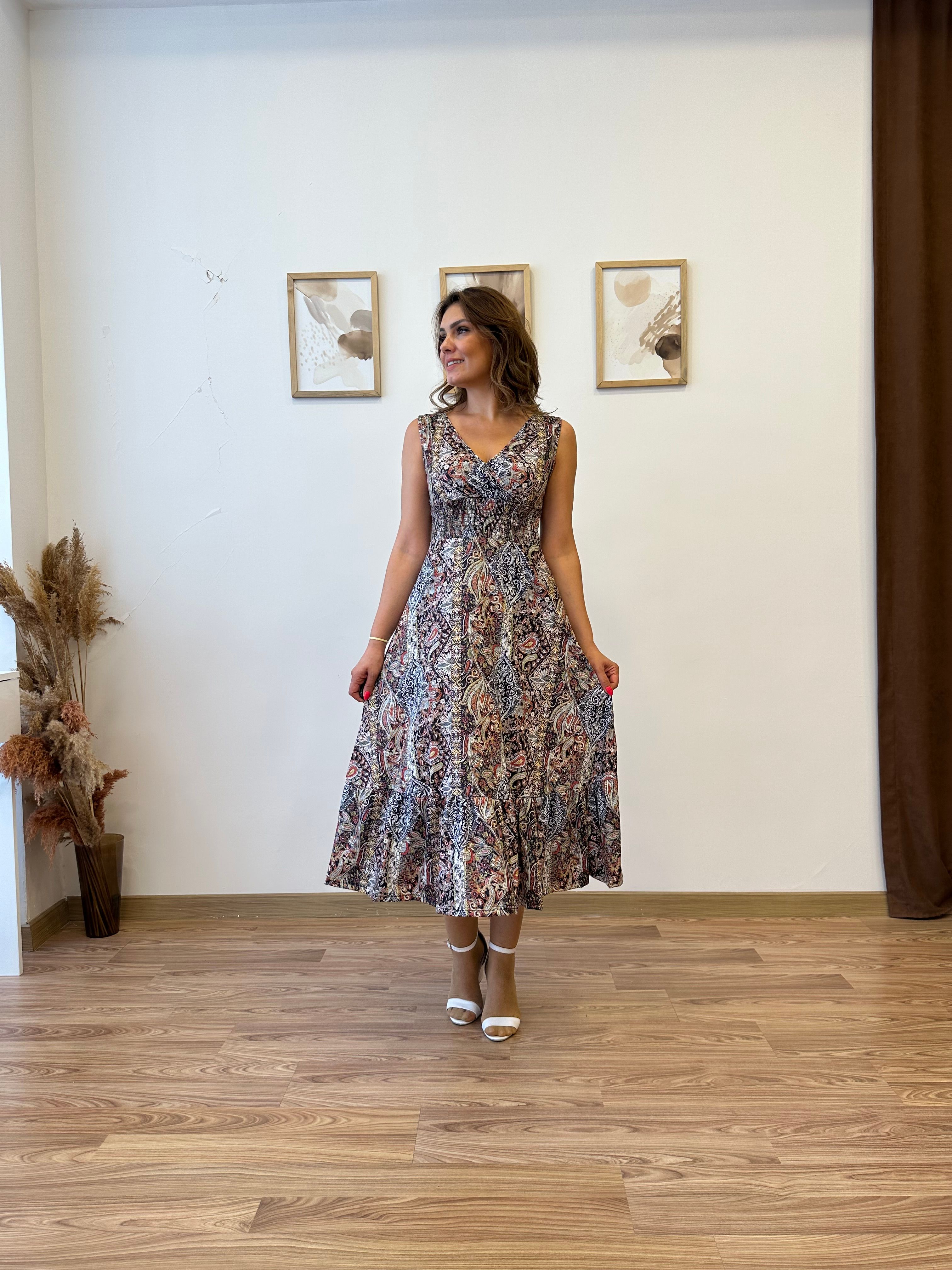 Beli Gipeli Etnik Desen Sıfır Kol Elbise
