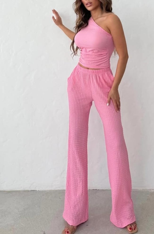 Bubble Kumaş Tek Omuz Bluz Pantolon Takım - pembe