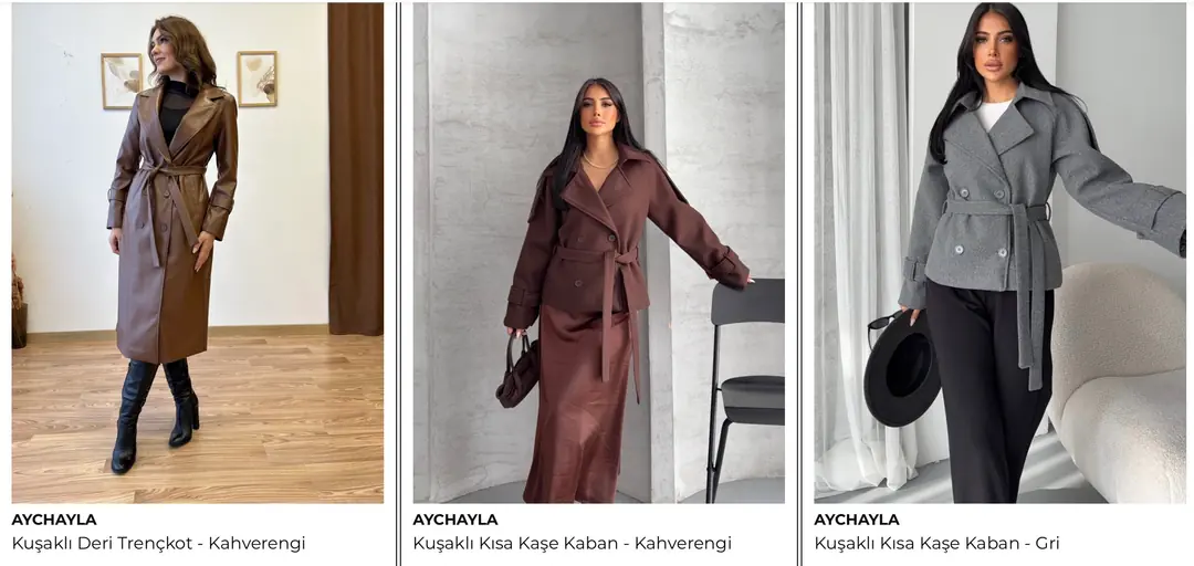 Kuşaklı Deri Trençkot- kahverengi Kuşaklı Kaşe Kaban- Gri