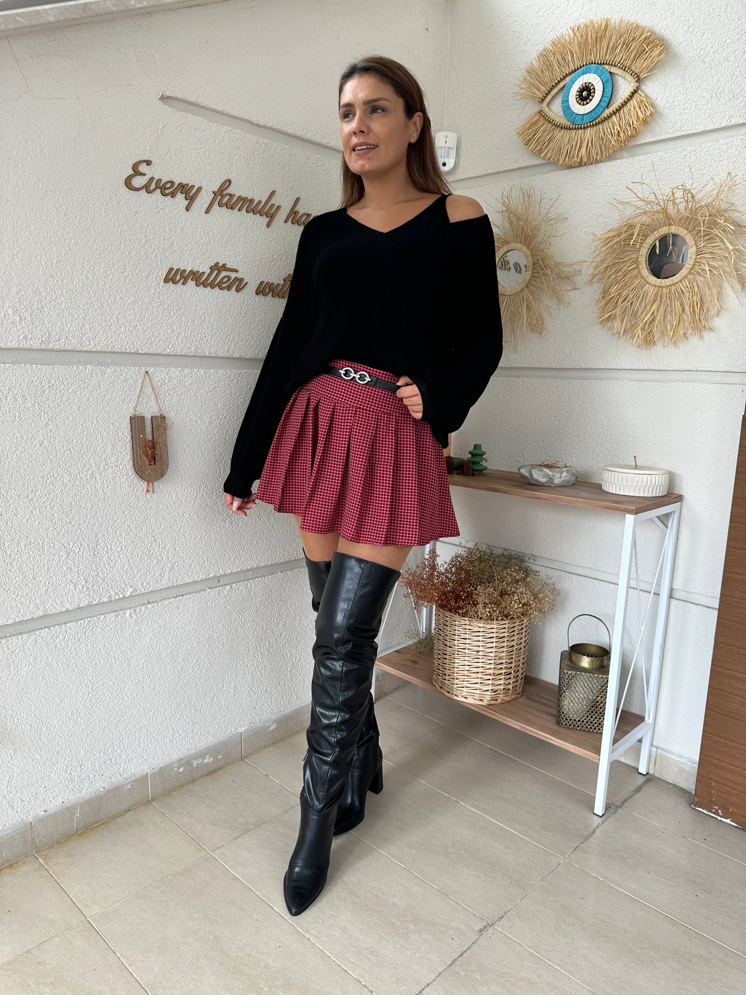 Kareli Pile Ve Kemerli Mini Etek