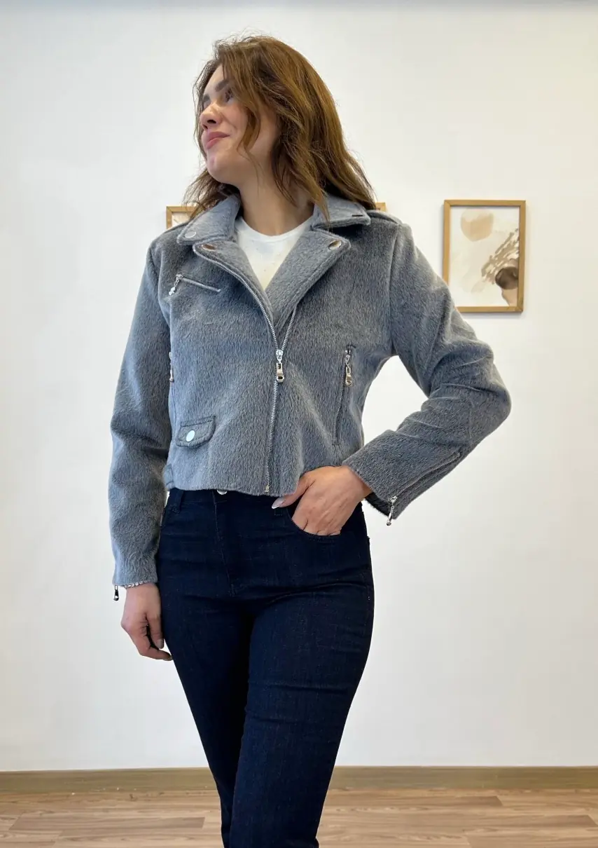 Premium Dokulu Crop Ceket Antrasit