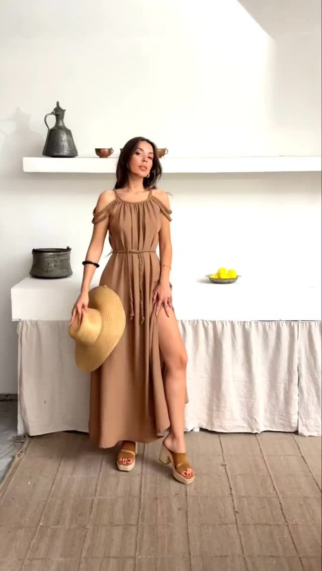 Helen Yırtmaçlı Uzun Keten Elbise - kahverengi