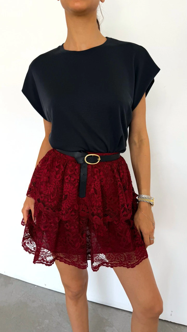 Dantel Katlı Mini Etek - kırmızı(bordo)