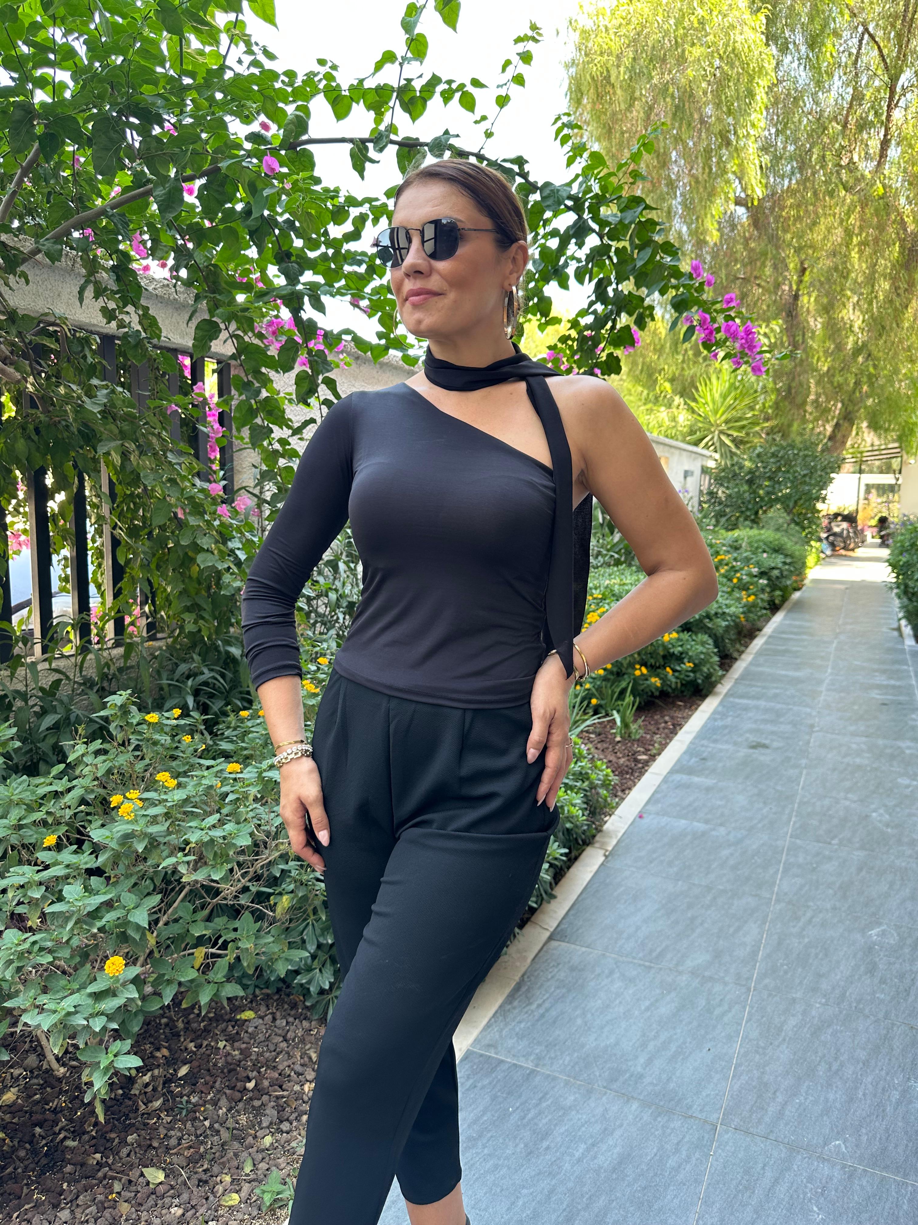 Fularlı Tek Omuz Sandy Bluz - Siyah
