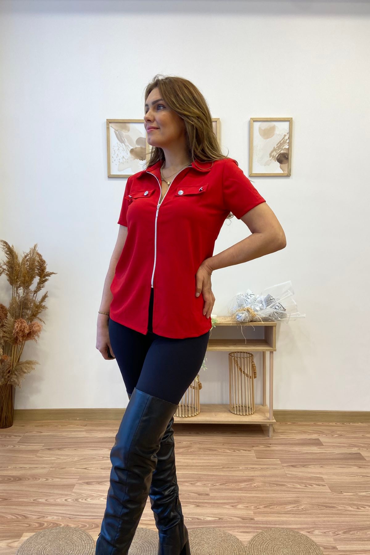 Fermuar Kapamalı Polo Yaka Bluz