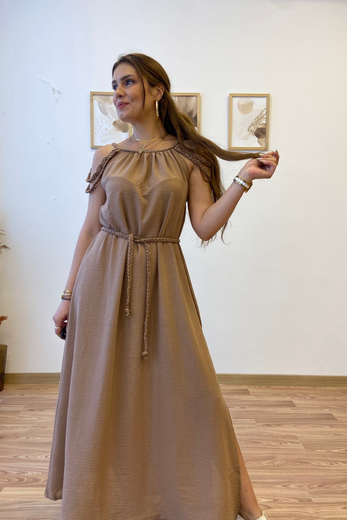 Helen Yırtmaçlı Uzun Keten Elbise