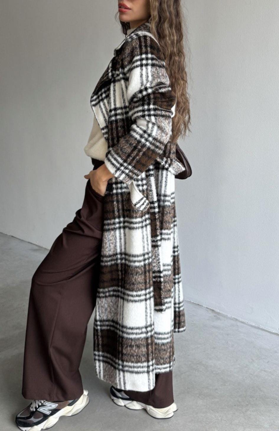 Ekoseli Uzun Kaşe Kaban