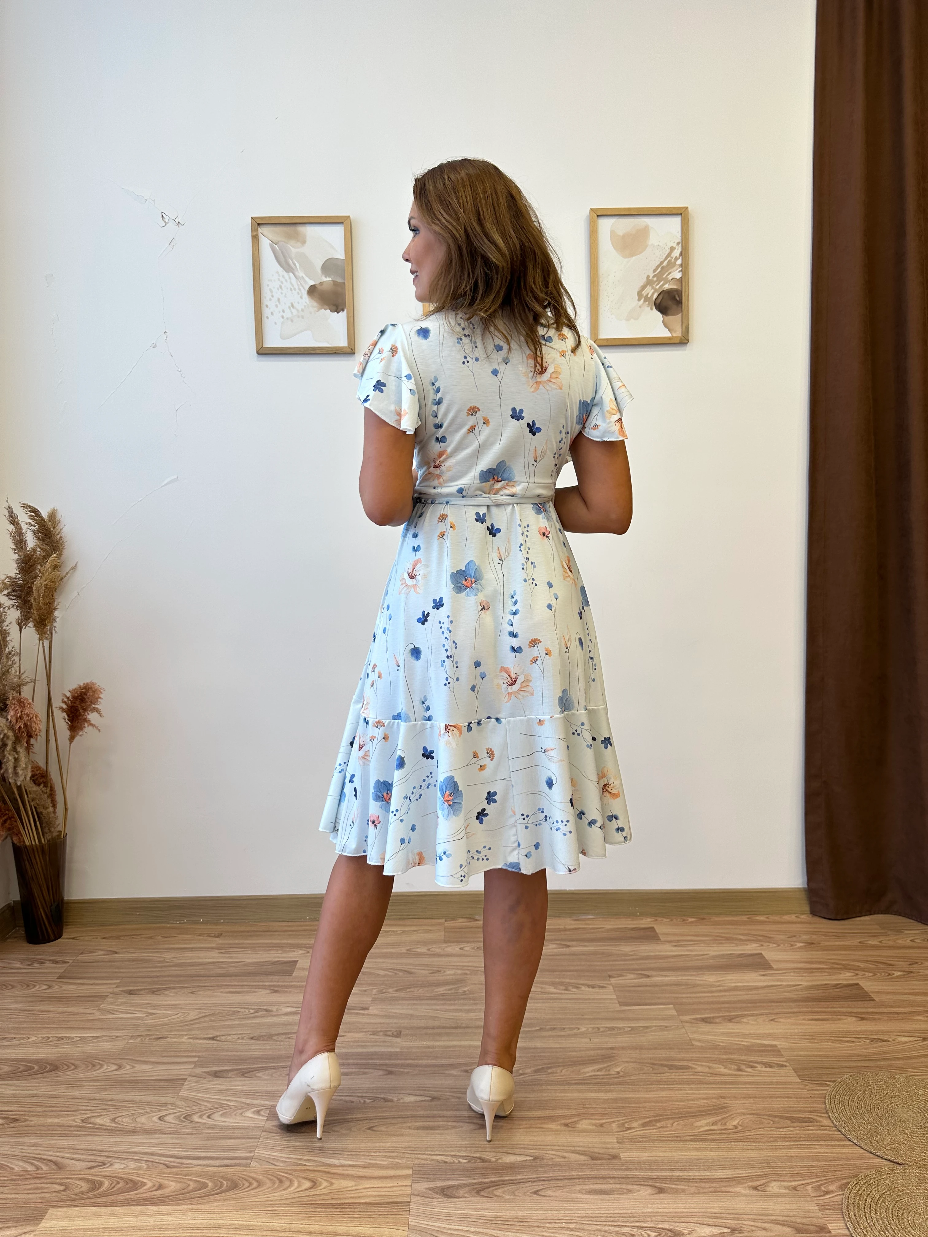 Kruvaze Kapamalı Fırfırlı Midi Süprem Elbise