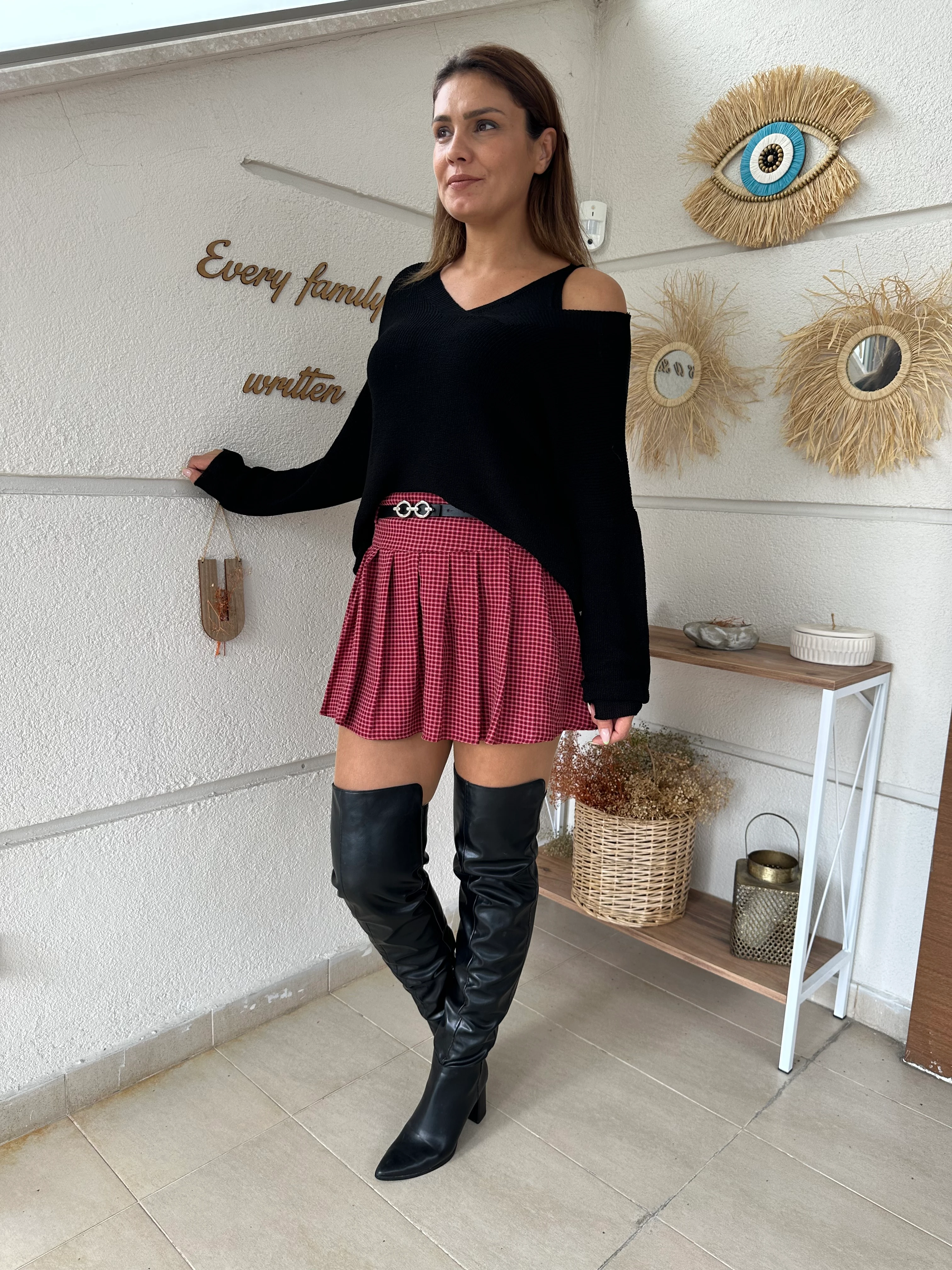 Kareli Pile Ve Kemerli Mini Etek