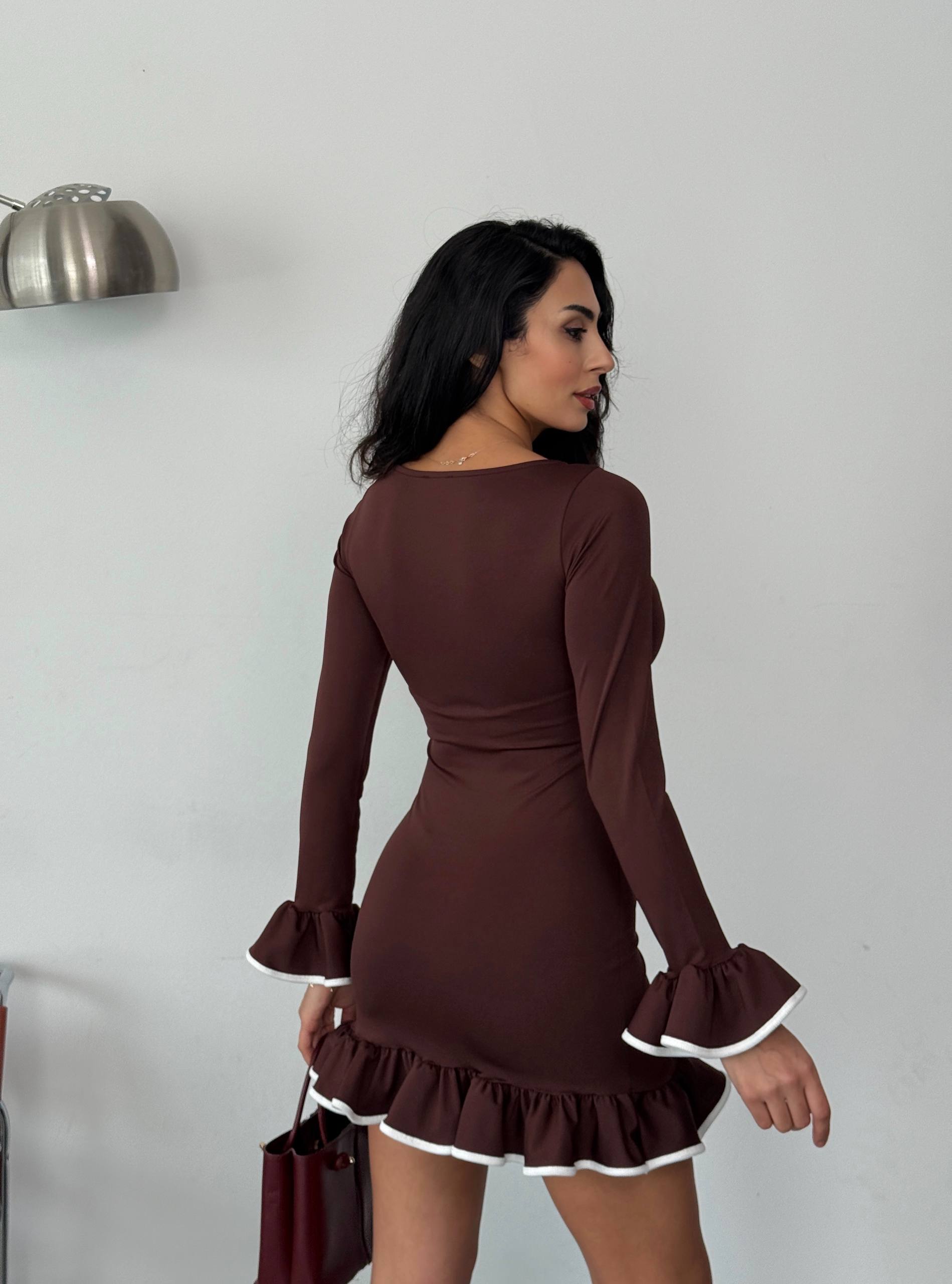 Kahverengi Volanlı Ve Biyeli Mini Elbise