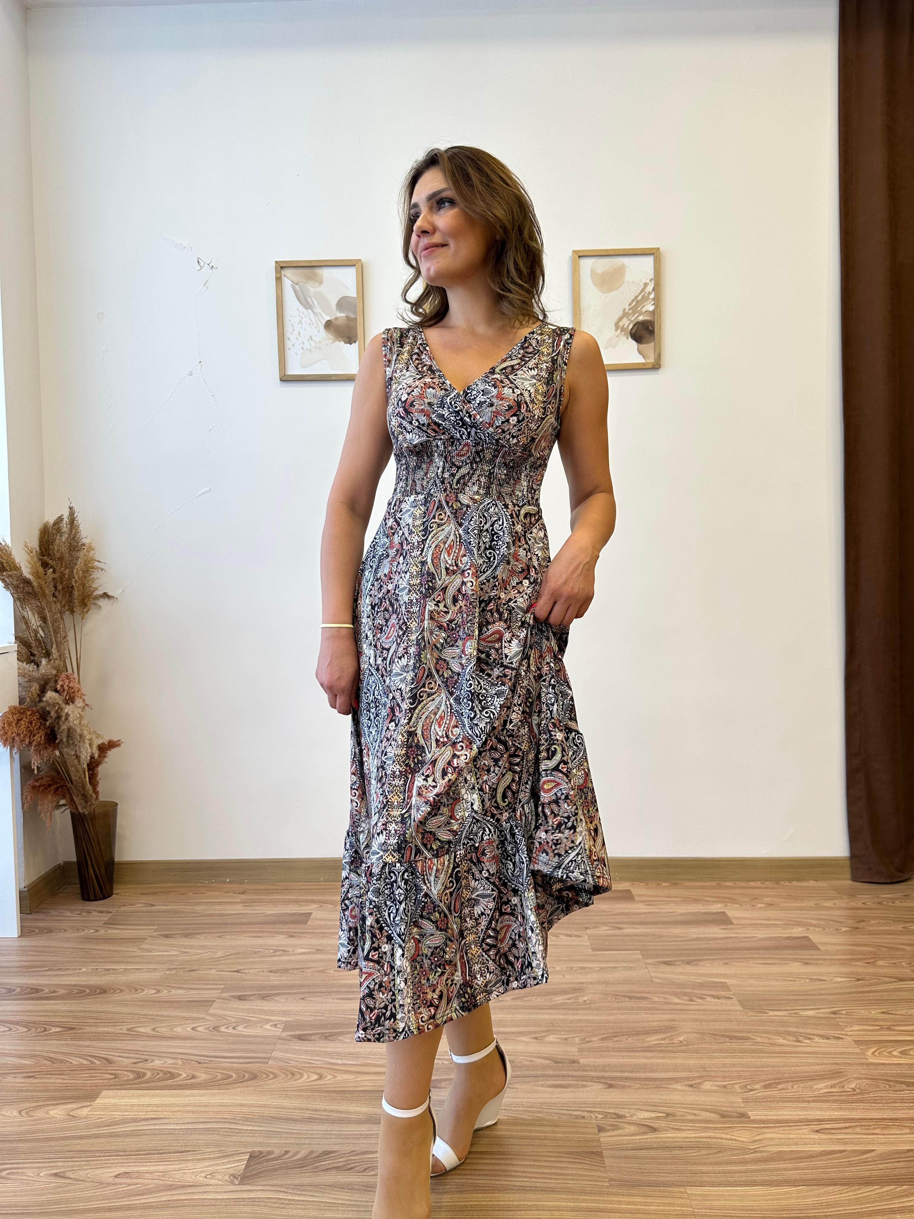 Beli Gipeli Etnik Desen Sıfır Kol Elbise