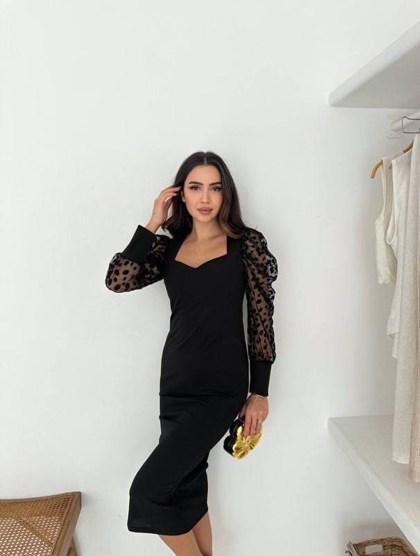 Puantiye Tül Kollu Midi Elbise