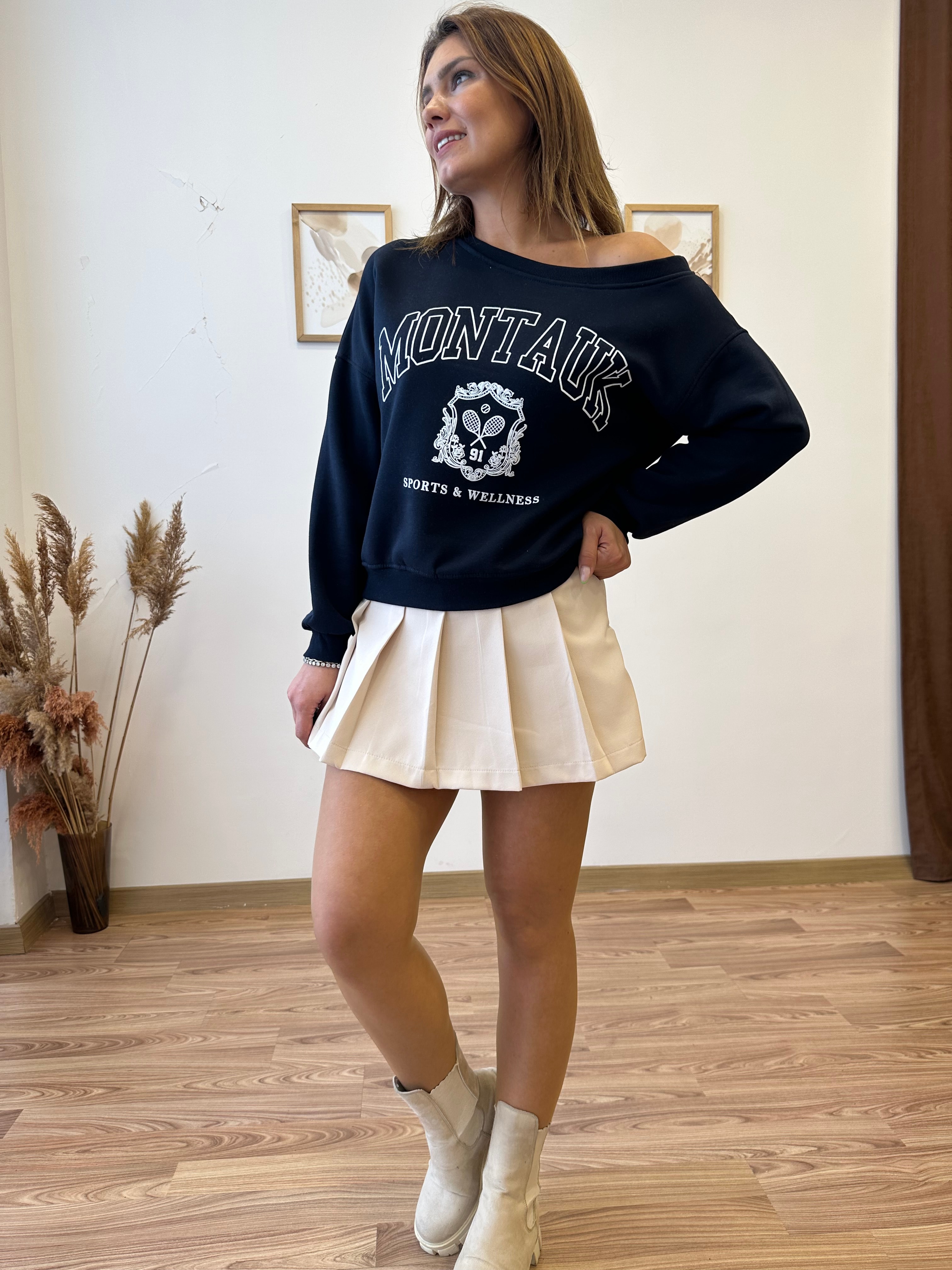 Düşük Omuzlu Şardonlu Sweatshirt - lacivert