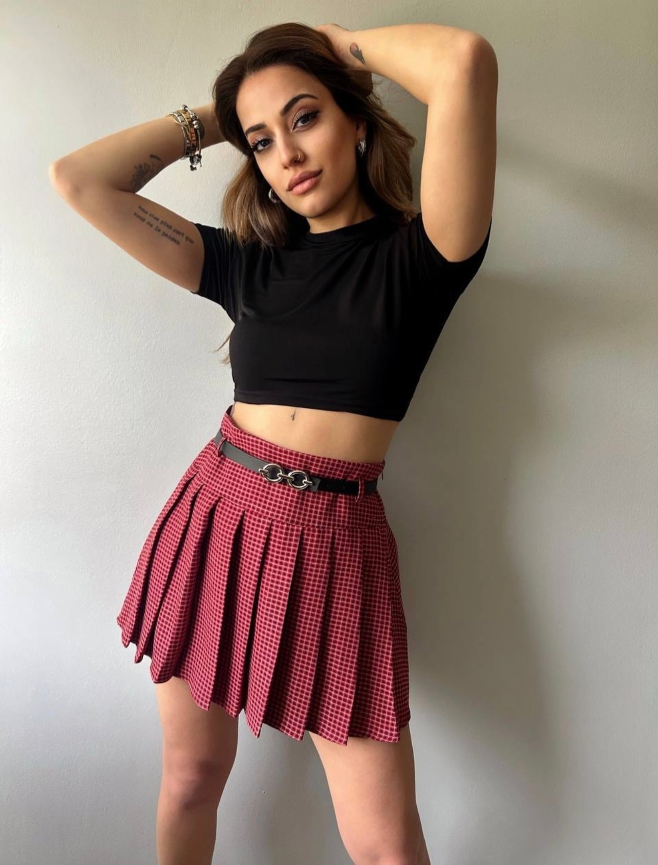 Kareli Pile Ve Kemerli Mini Etek