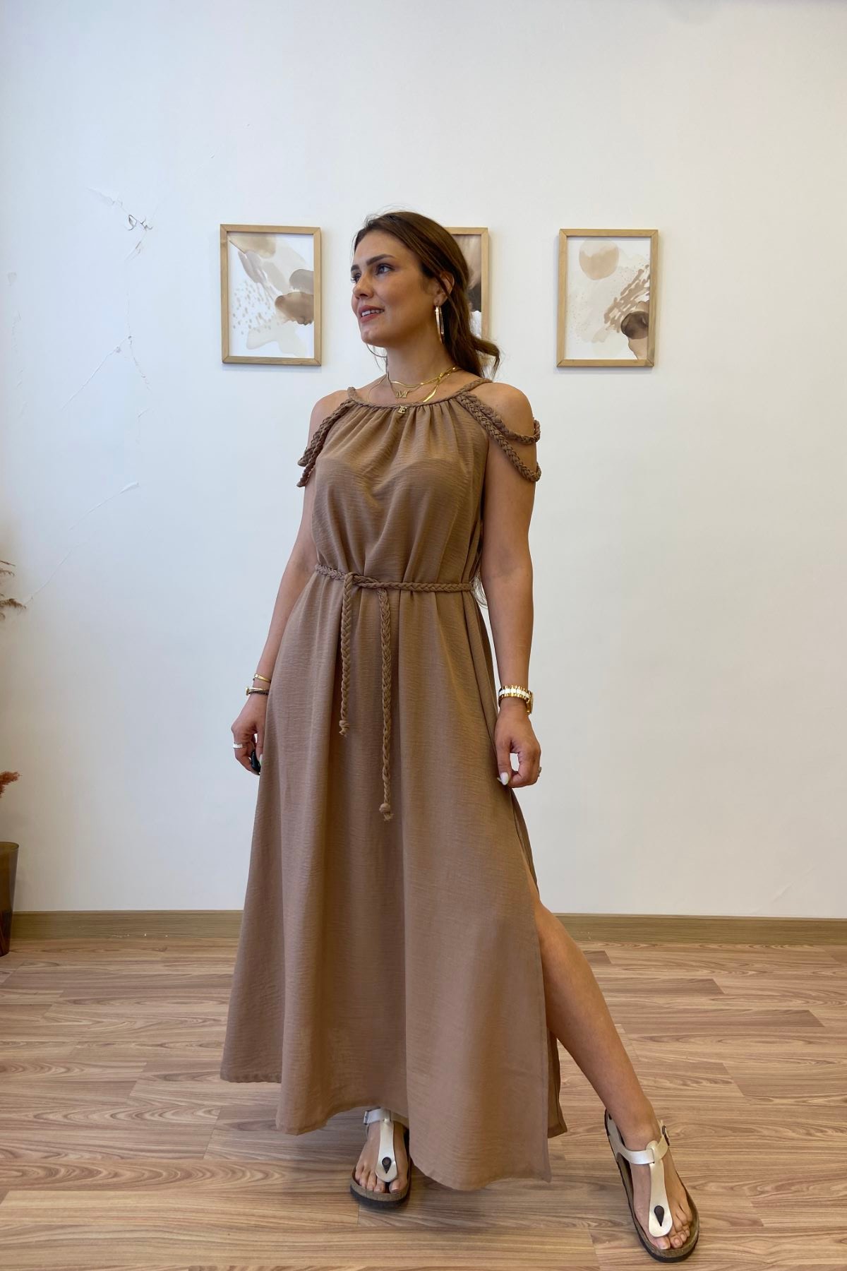 Helen Yırtmaçlı Uzun Keten Elbise