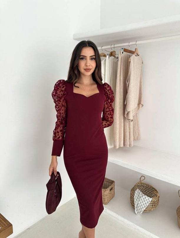 Puantiye Tül Kollu Midi Elbise - bordo