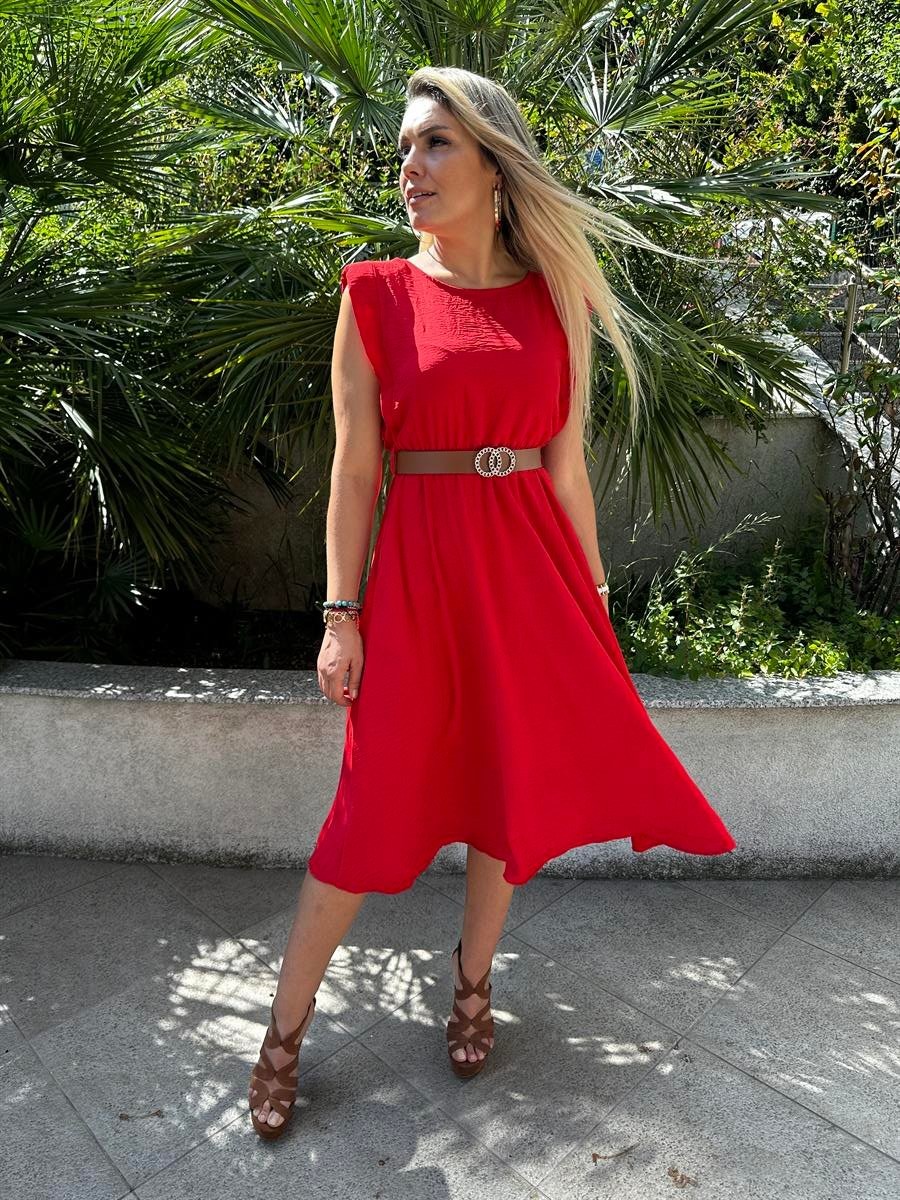 Vatkalı Kemerli Kloş Midi Elbise - Kırmızı