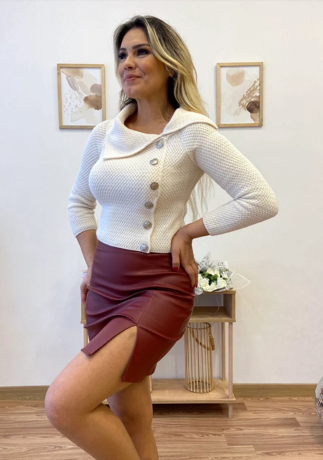 AYCHAYLA- Yırtmaçlı Deri basit mini etek