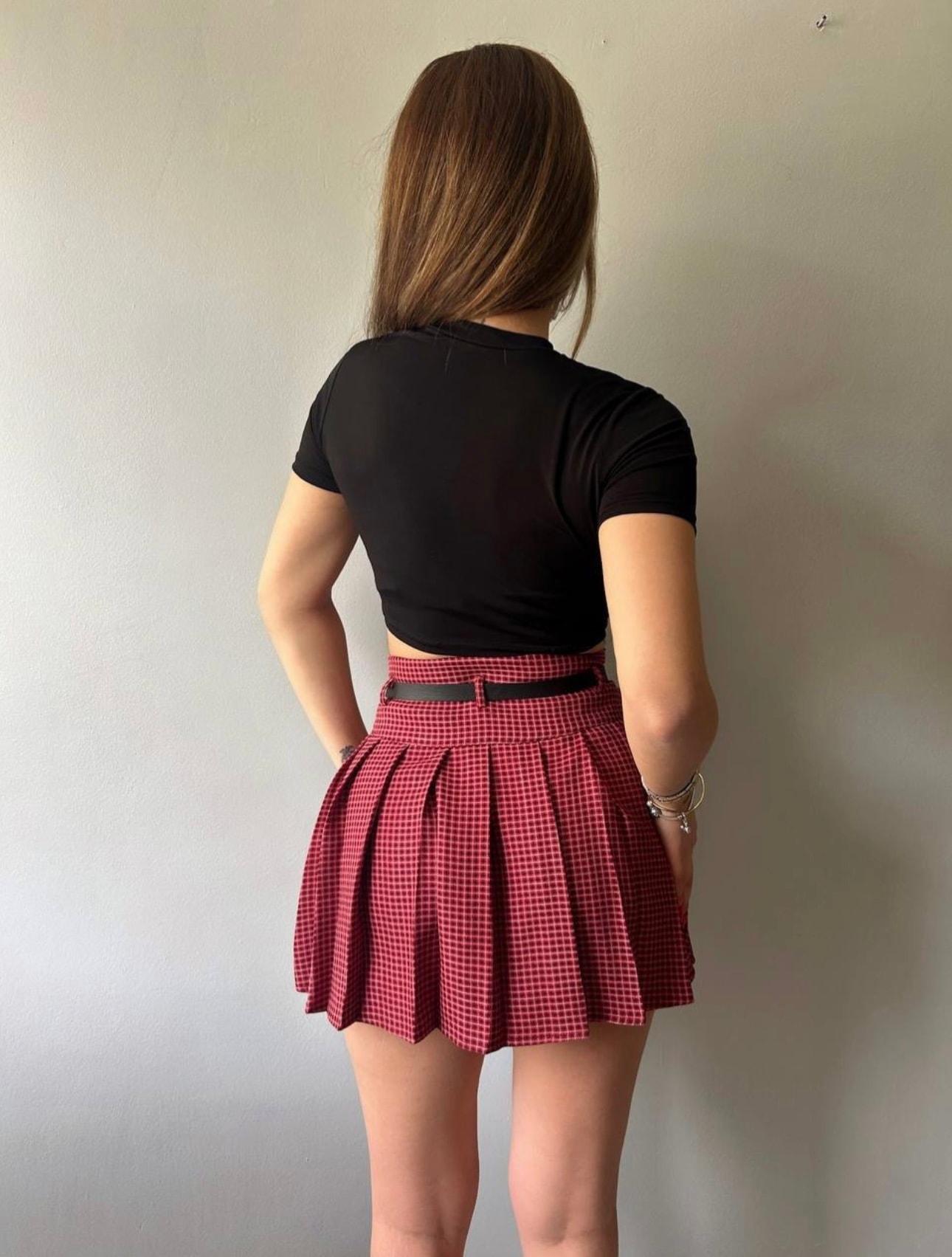 Kareli Pile Ve Kemerli Mini Etek