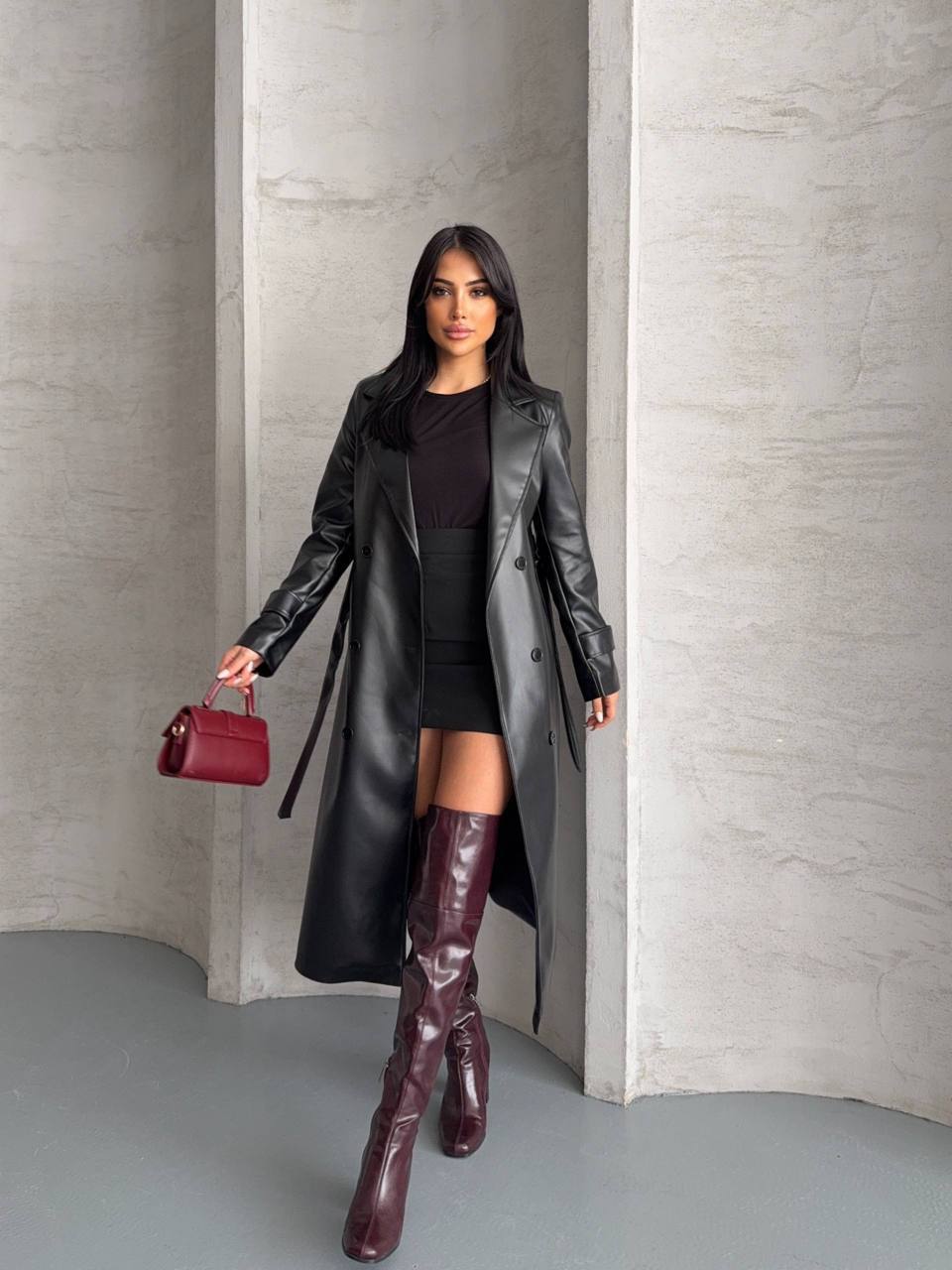 Kuşaklı Deri Pardesü - siyah