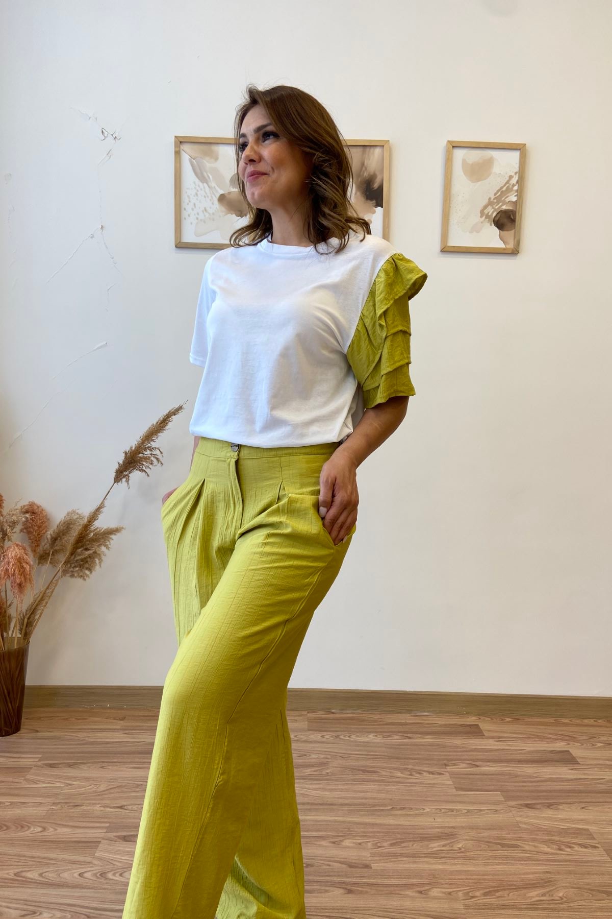 Fırfır Detaylı Tshirt Pantolon İkili Takım - açık yeşil
