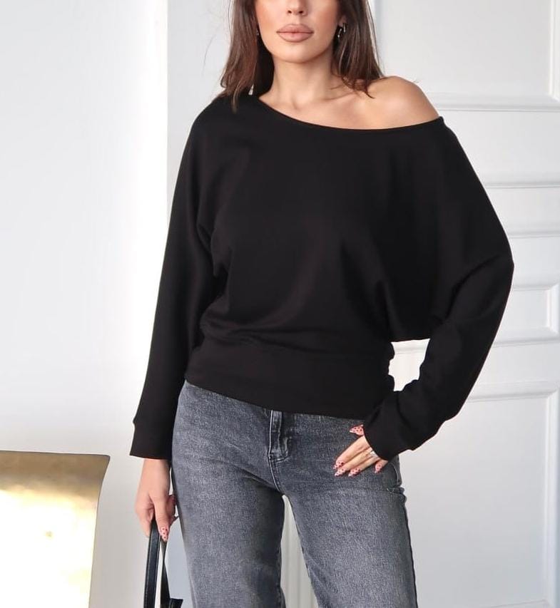 Modal Kayık Yaka Sweatshirt - siyah