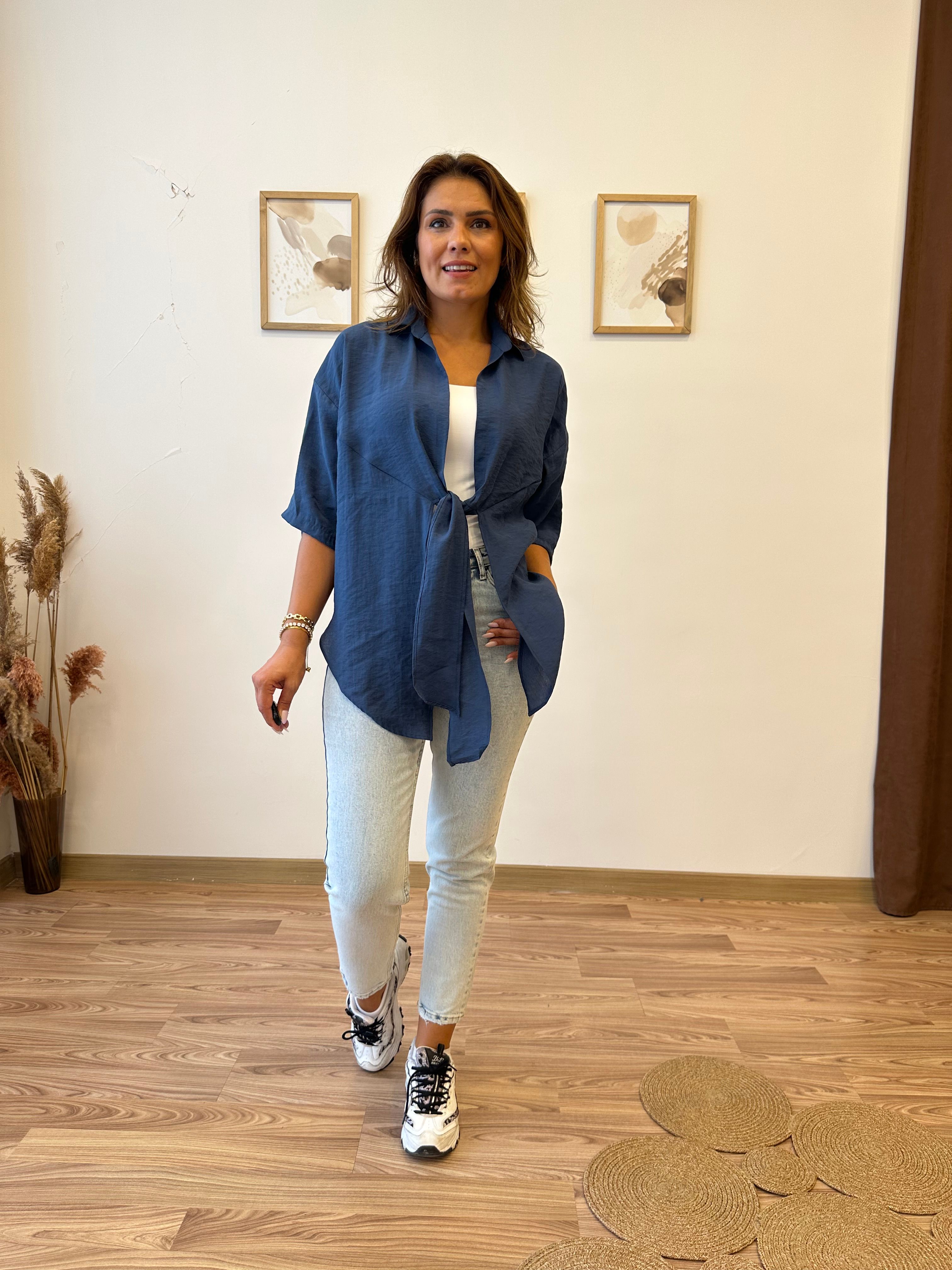 Modal Kumaş Kimono Bağlamalı Gömlek - lacivert