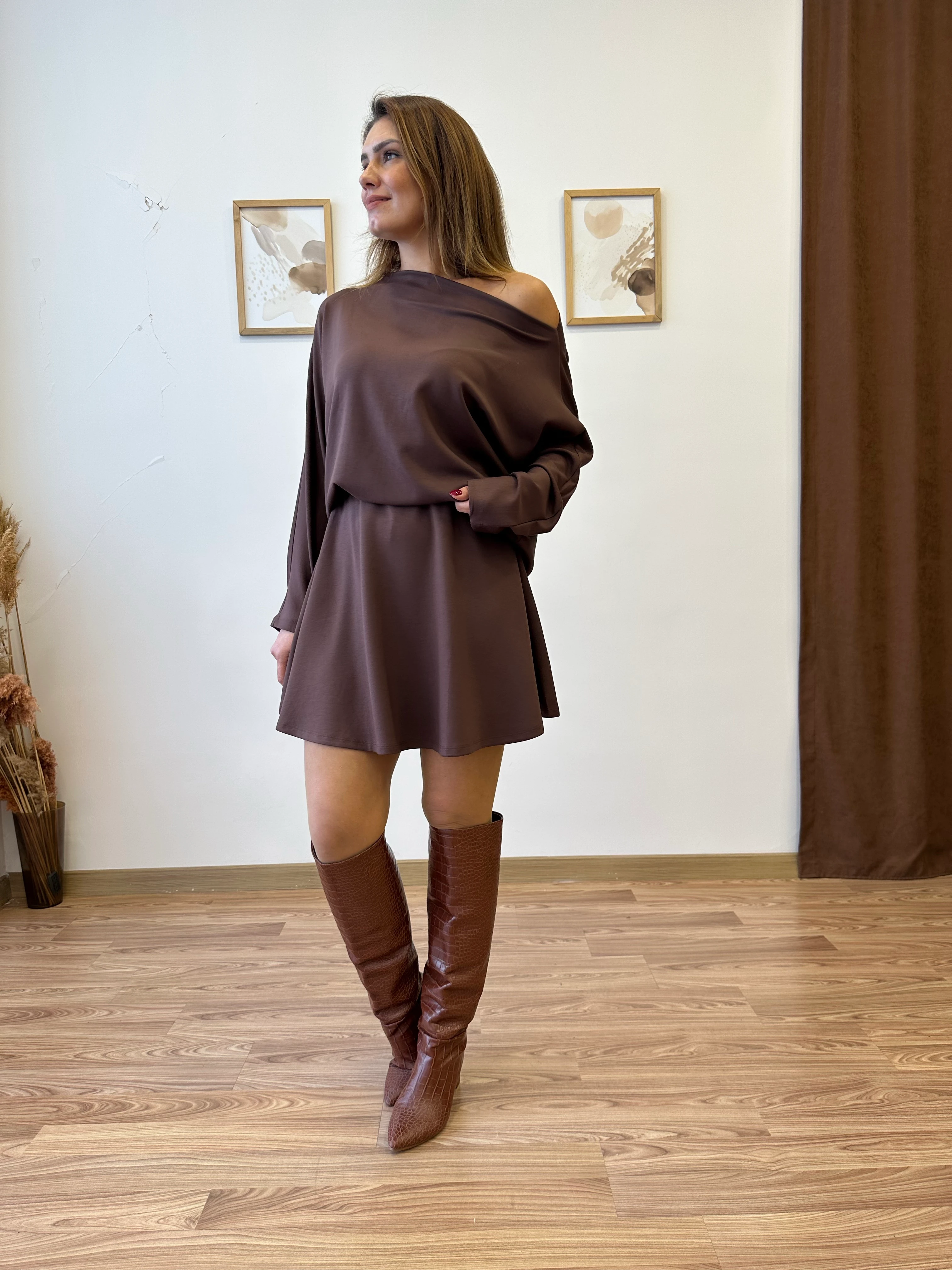 Modal Kumaş Kloş Etek Bluz Takım - kahverengi