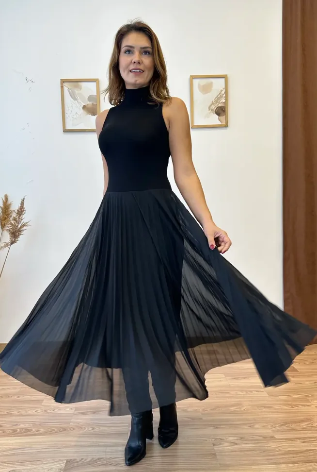 Boğazlı piliseli ikili siyah elbise - Aychayla